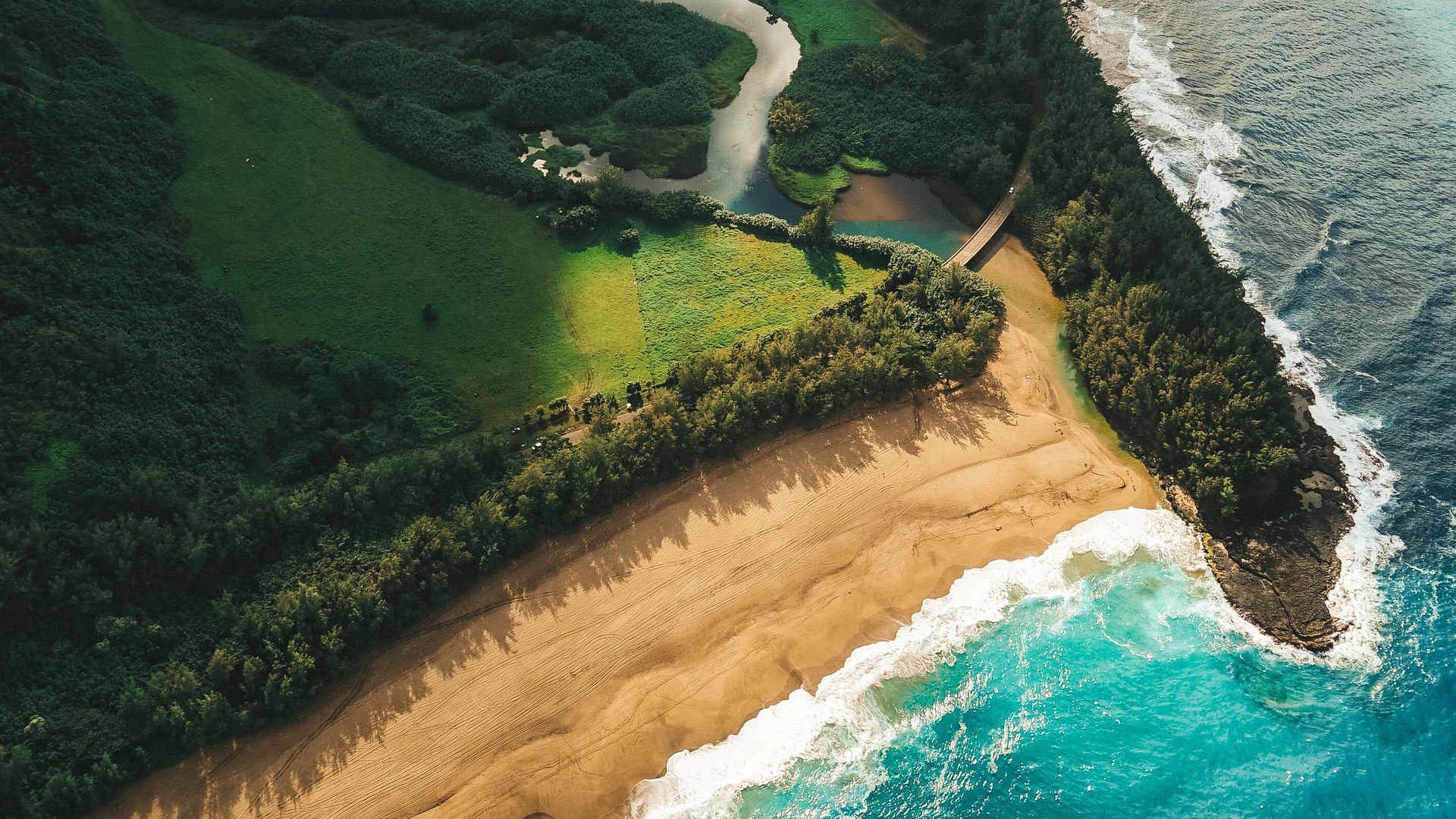 Aerial View Of Green Trees Island Road Ocean Waves Beach Sand HD Ocean Wallpaper
