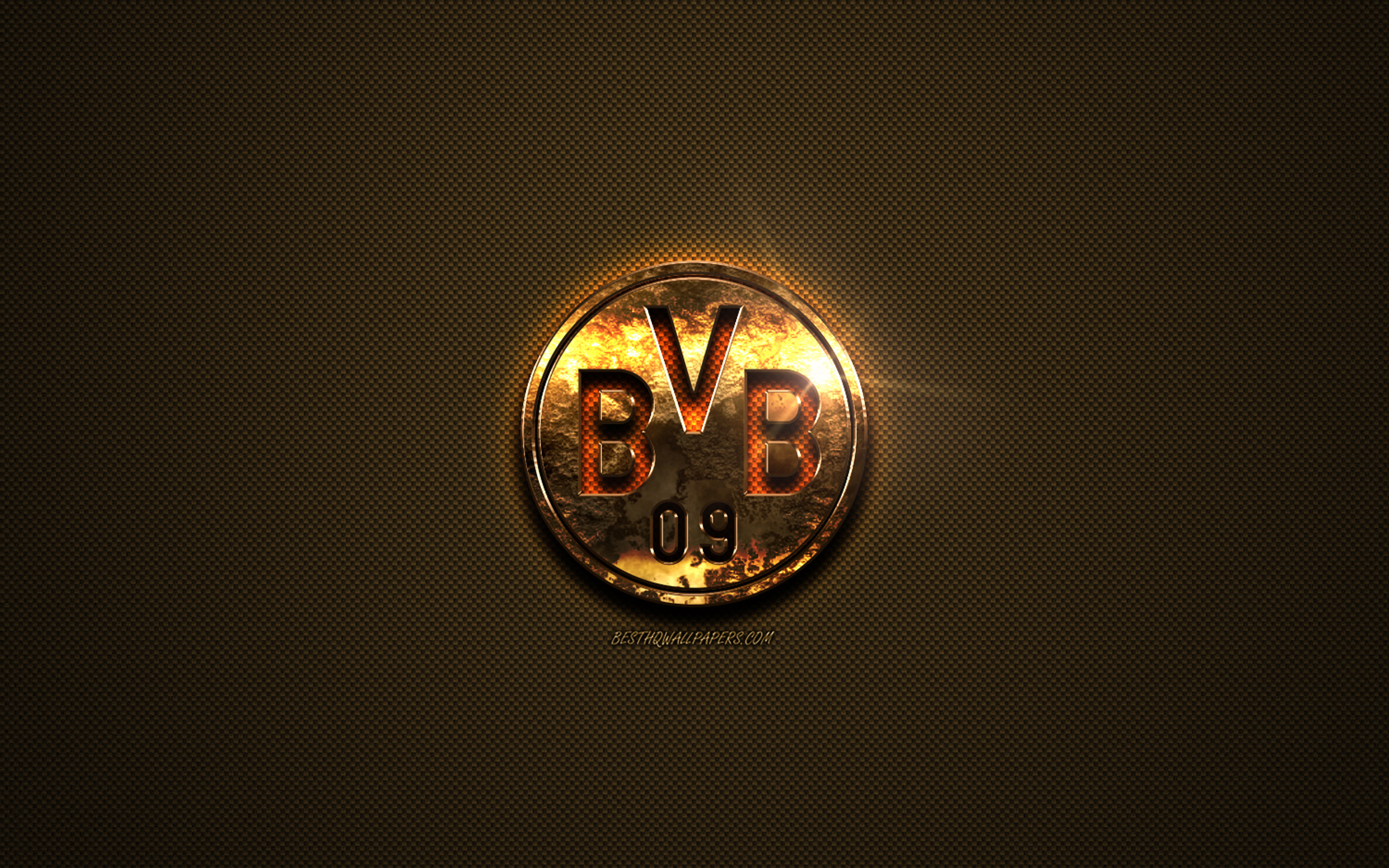 Download wallpaper Borussia Dortmund, BVB, golden logo, German football club, golden emblem, Dortmund, Germany, Bundesliga, golden carbon fiber texture, football, BVB logo for desktop with resolution 2560x1600. High Quality HD picture wallpaper