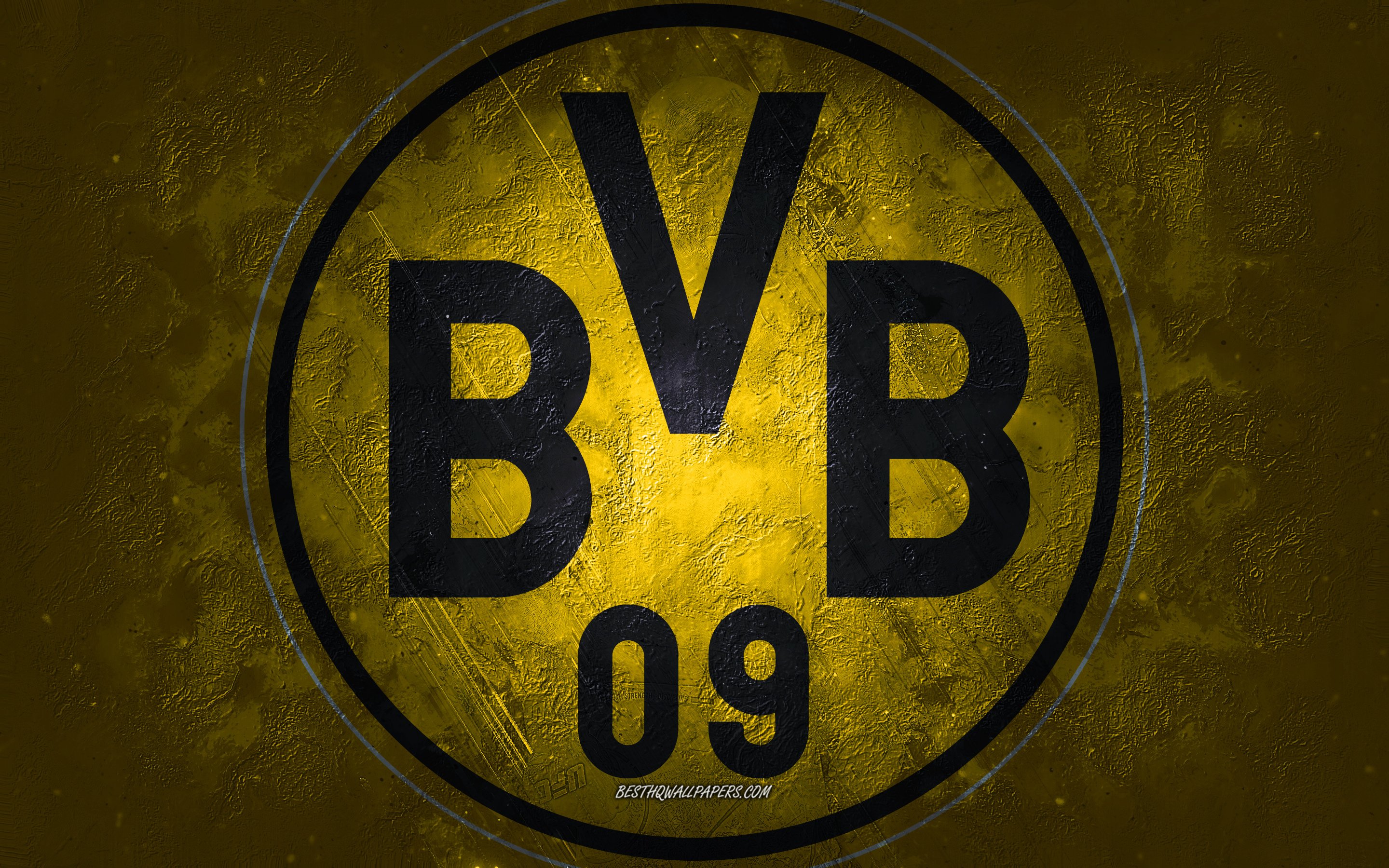 Download wallpaper Borussia Dortmund, German football club, BVB logo, yellow stone background, Borussia Dortmund logo, grunge art, Bundesliga, football, Germany, BVB, Borussia Dortmund emblem for desktop with resolution 2880x1800. High Quality HD