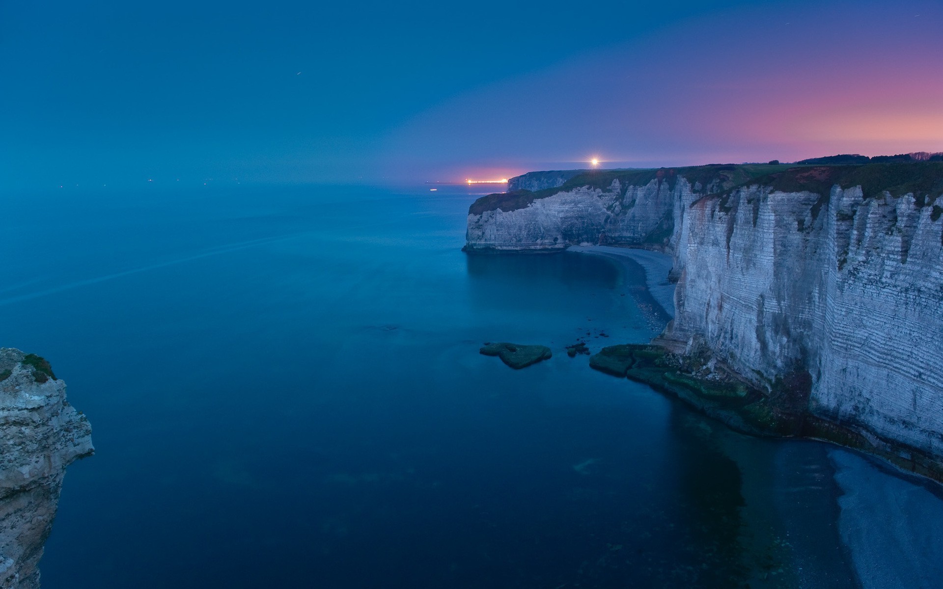 cliff, Beach, Sea, Lights, Blue, Coast, Evening, Nature, Landscape Wallpaper HD / Desktop and Mobile Background