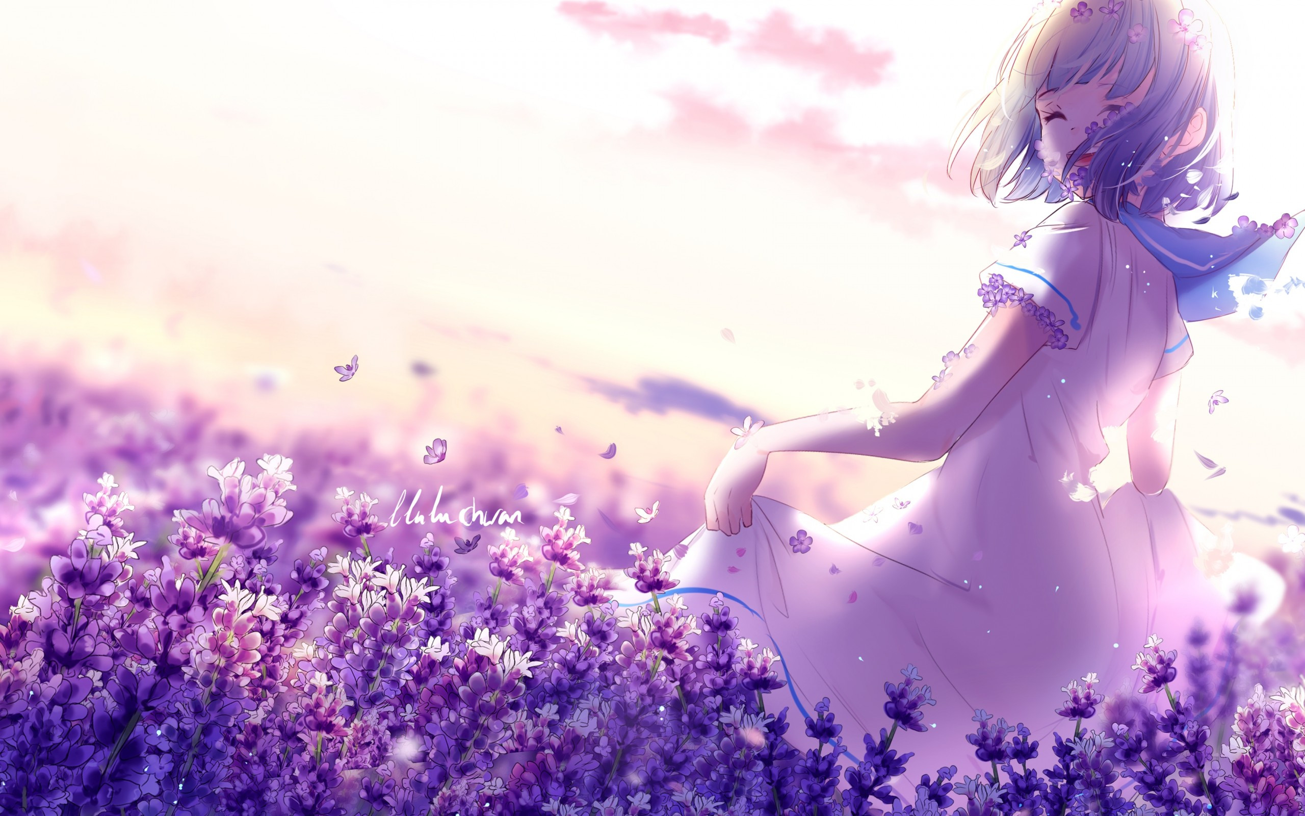 Download 2560x1600 Anime Girl, Lavender Garden, Happy Face, Purple Flowers Wallpaper for MacBook Pro 13 inch