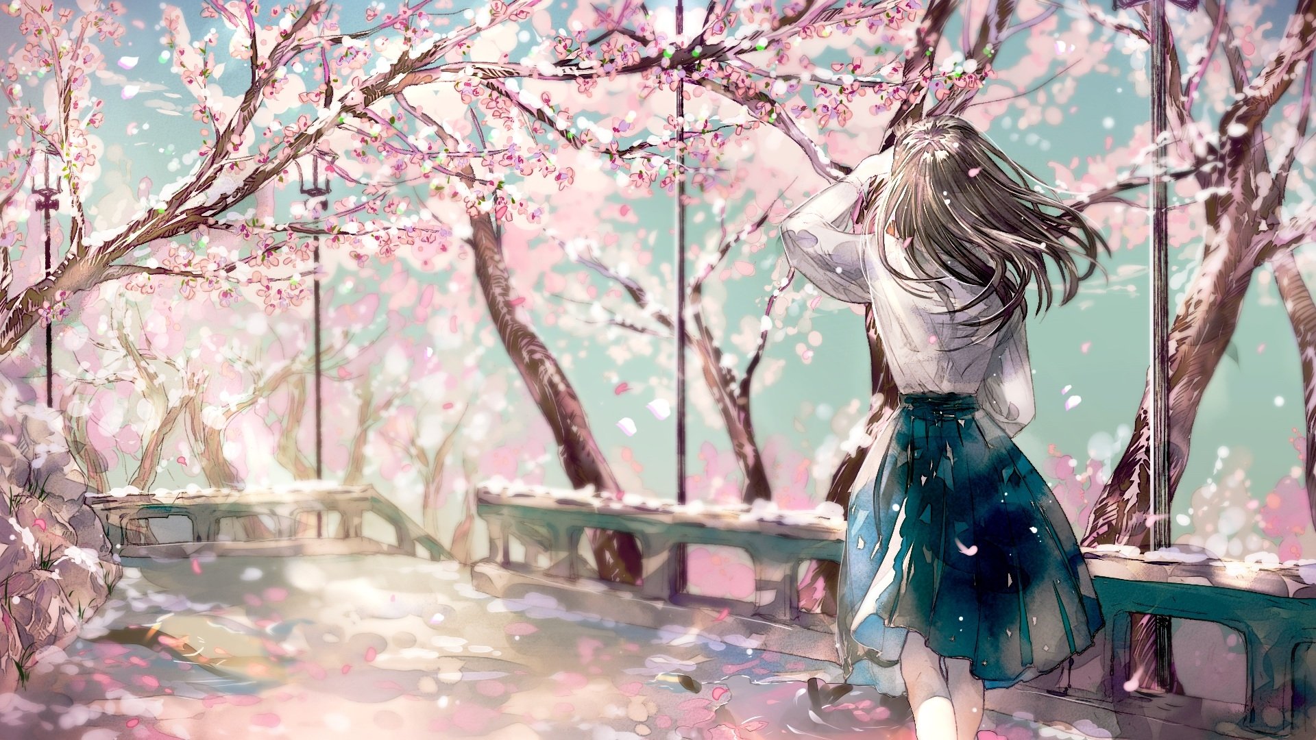 Wallpaper, anime girls, sakura tree, pink flowers 1920x1080