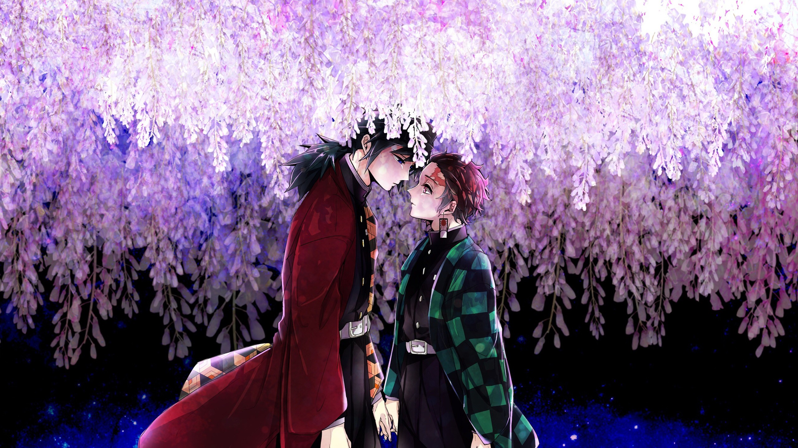 Demon Slayer Giyuu Tomioka Tanjirou Kamado Standing Closer Under Purple Flower Trees HD Anime Wallpaper