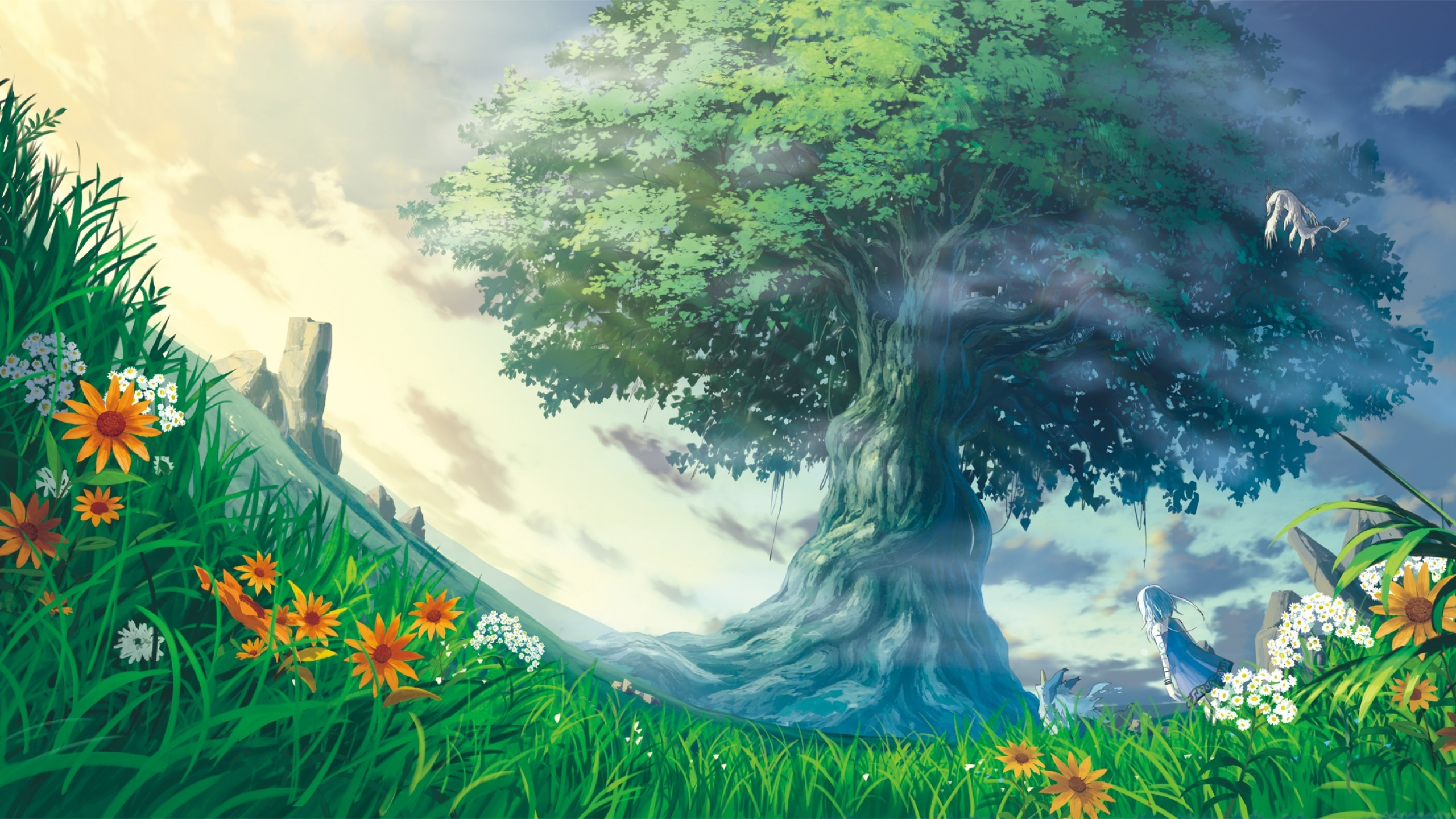 Download 2560x1440 Anime Landscape, Anime Girl, Tree, Flowers, Grass, Worm View Wallpaper for iMac 27 inch