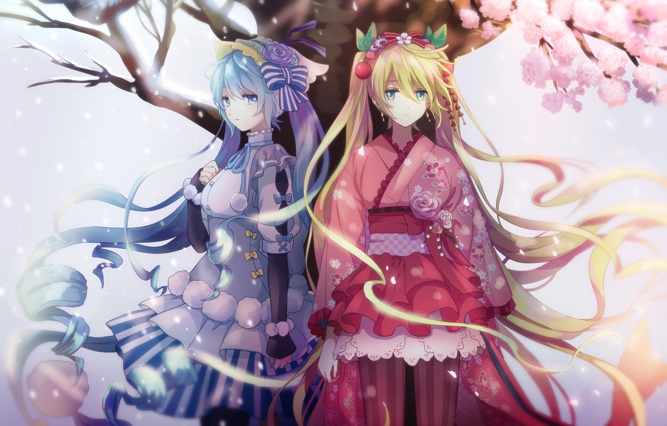 Wallpaper snow, flowers, tree, petals, dress, vocaloid, hatsune miku, anime, art, akiyoshi image for desktop, section прочее