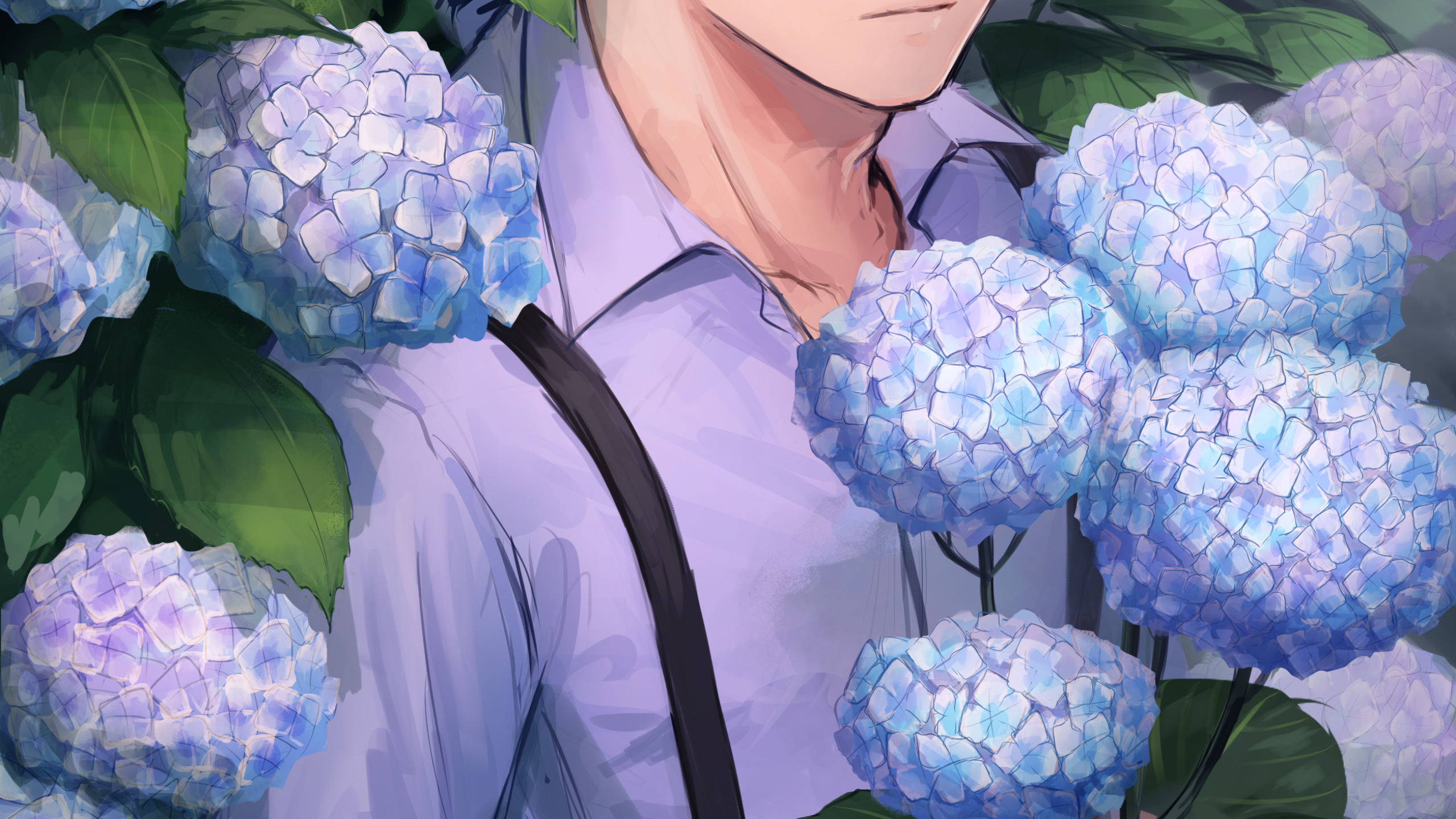 Download 2560x1440 Anime Boy, Glasses, Purple Flowers Wallpaper for iMac 27 inch