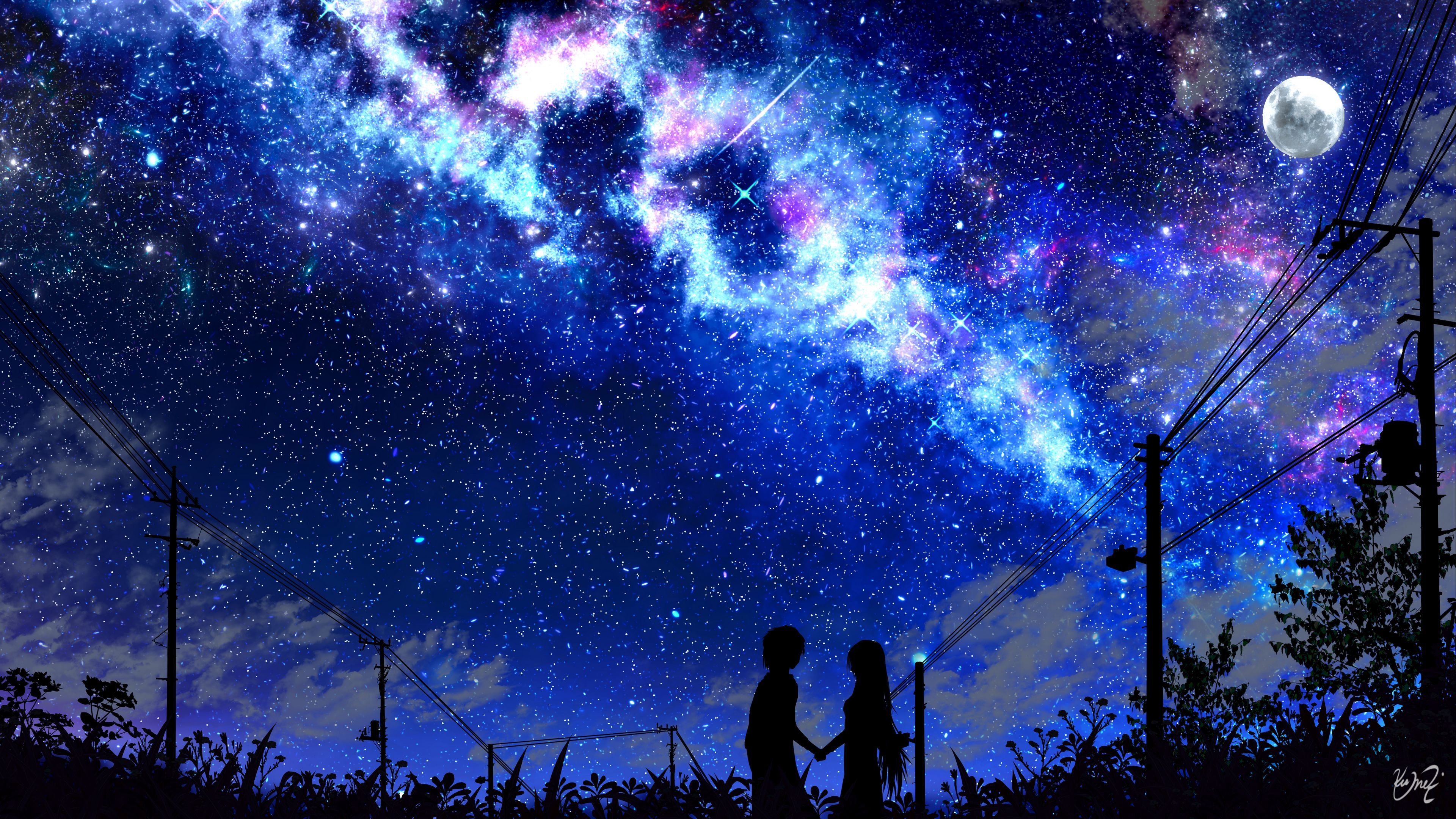 Download wallpaper 3840x2160 silhouette, night, starry sky, art, dark 4k uhd 16:9 HD background. Anime scenery wallpaper, Anime scenery, Scenery wallpaper