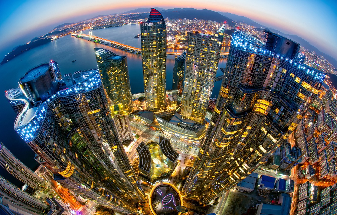 Wallpaper city, lights, sea, ocean, bridge, sunset, South Korea, night, buildings, skyscrapers, bay, cityscape, Seoul image for desktop, section город