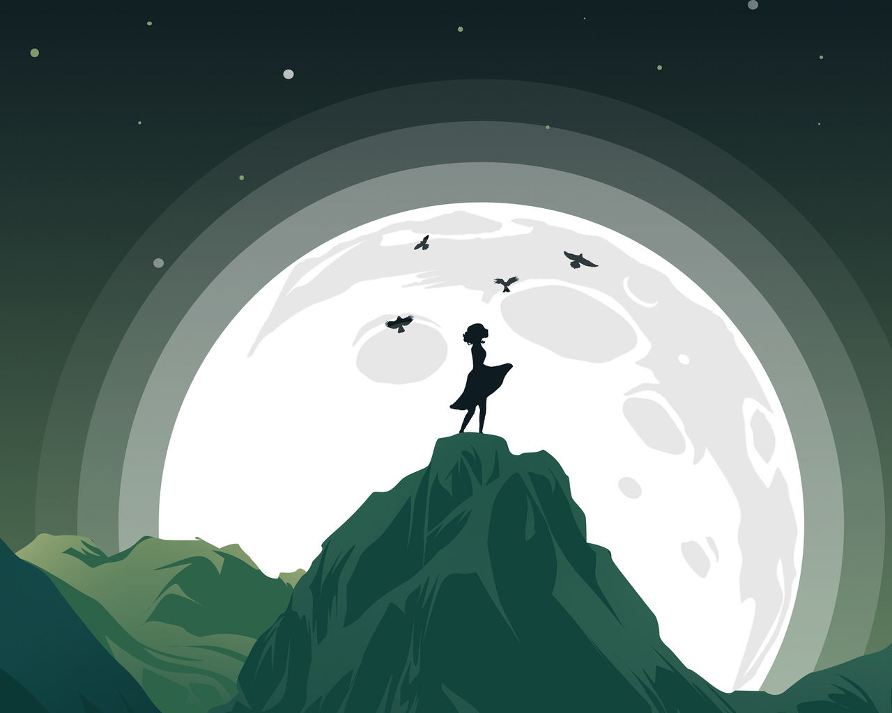 Girl Mountain Top Birds Flying Around Her Minimalist 1280x1024 Resolution HD 4k Wallpaper, Image, Background, Photo and Picture