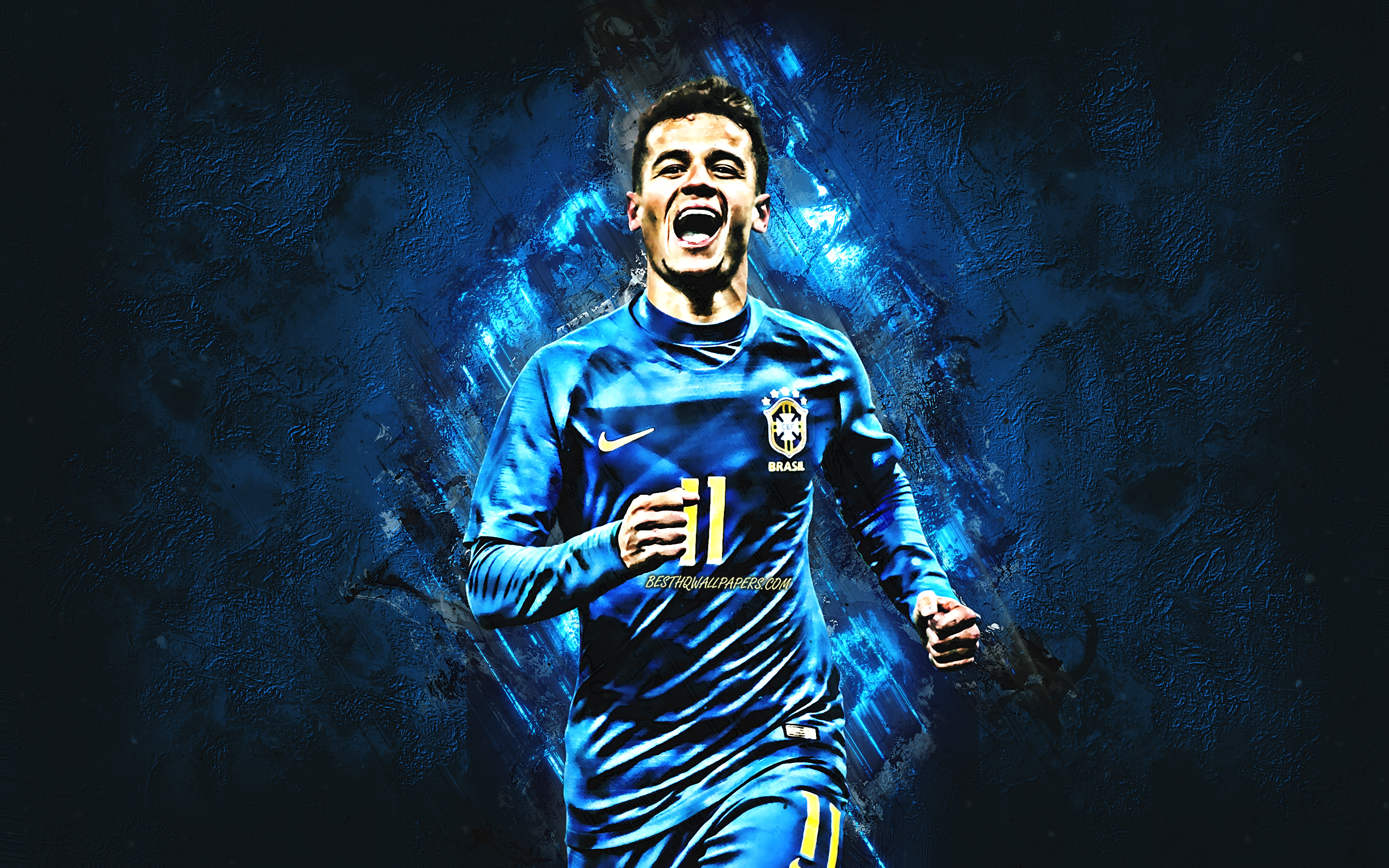Download wallpaper Philippe Coutinho, blue stone, Brazil National Team, goal, artwork, soccer, footballers, neon lights, Coutinho, football stars, grunge, Brazilian football team for desktop with resolution 2880x1800. High Quality HD picture wallpaper