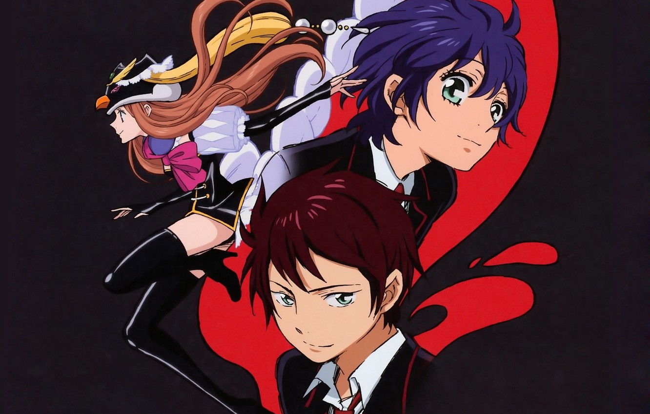 Wallpaper blue hair, students, black stockings, two guys, Mawaru Penguindrum, the rotating drum of the penguins, Shouma, In the blood, Himari image for desktop, section сёнэн