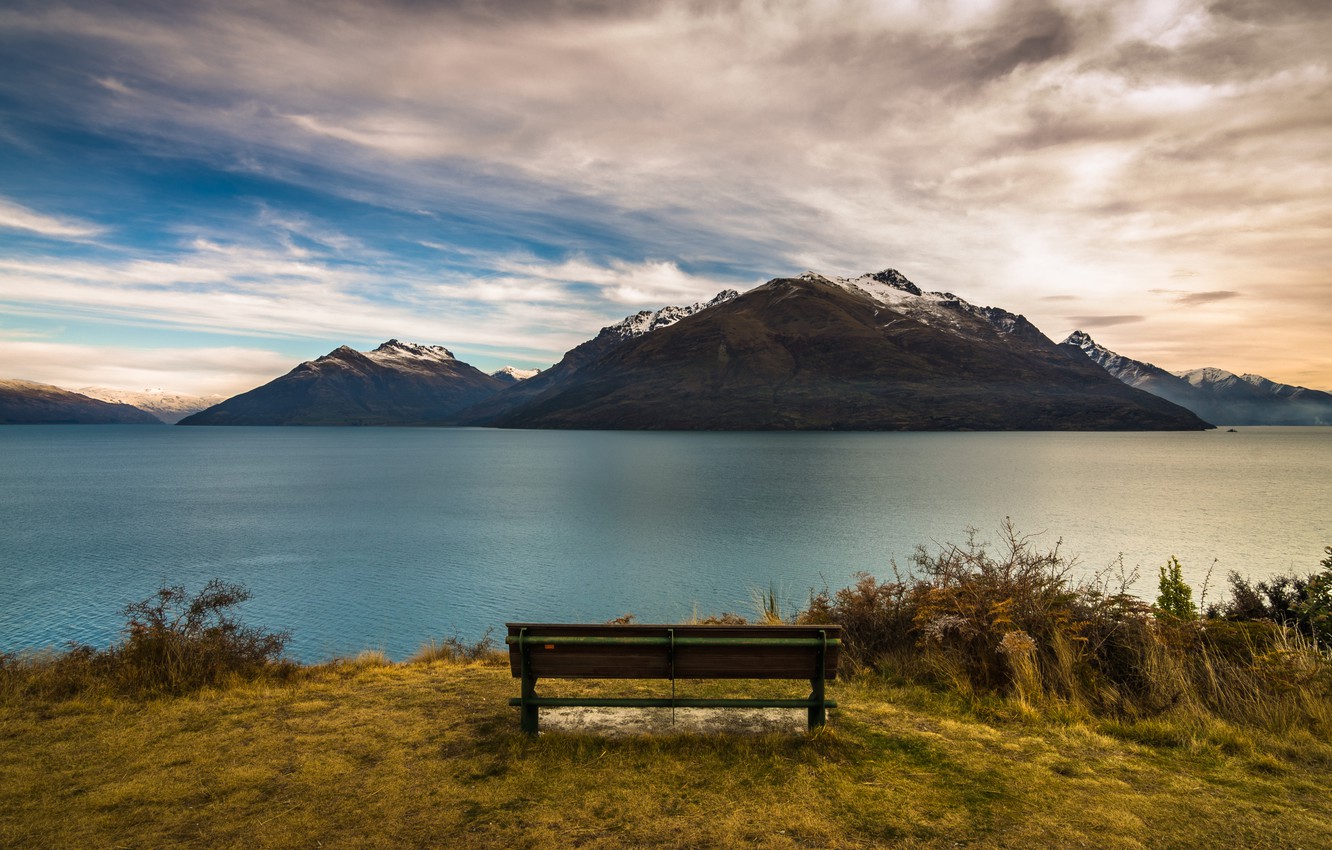 Wallpaper New Zealand, lake, Queenstown, bench image for desktop, section пейзажи