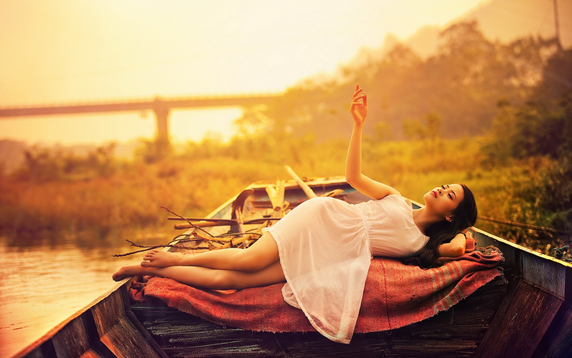 Wallpaper, sunlight, boat, women outdoors, model, long hair, water, nature, brunette, barefoot, Asian, plants, white dress, lying down, morning, looking up, romance, photograph 1920x1200