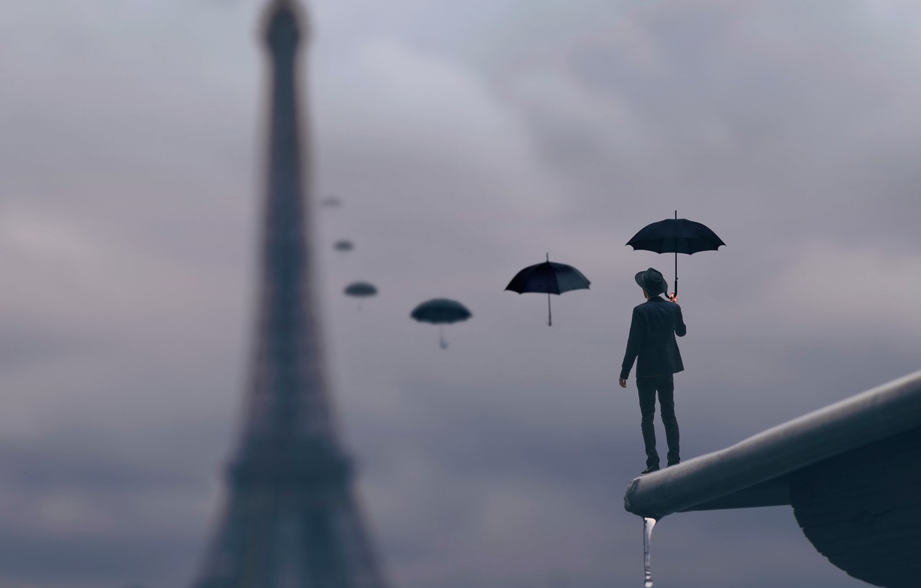 Wallpaper roof, drops, rain, Paris, umbrella, male image for desktop, section ситуации