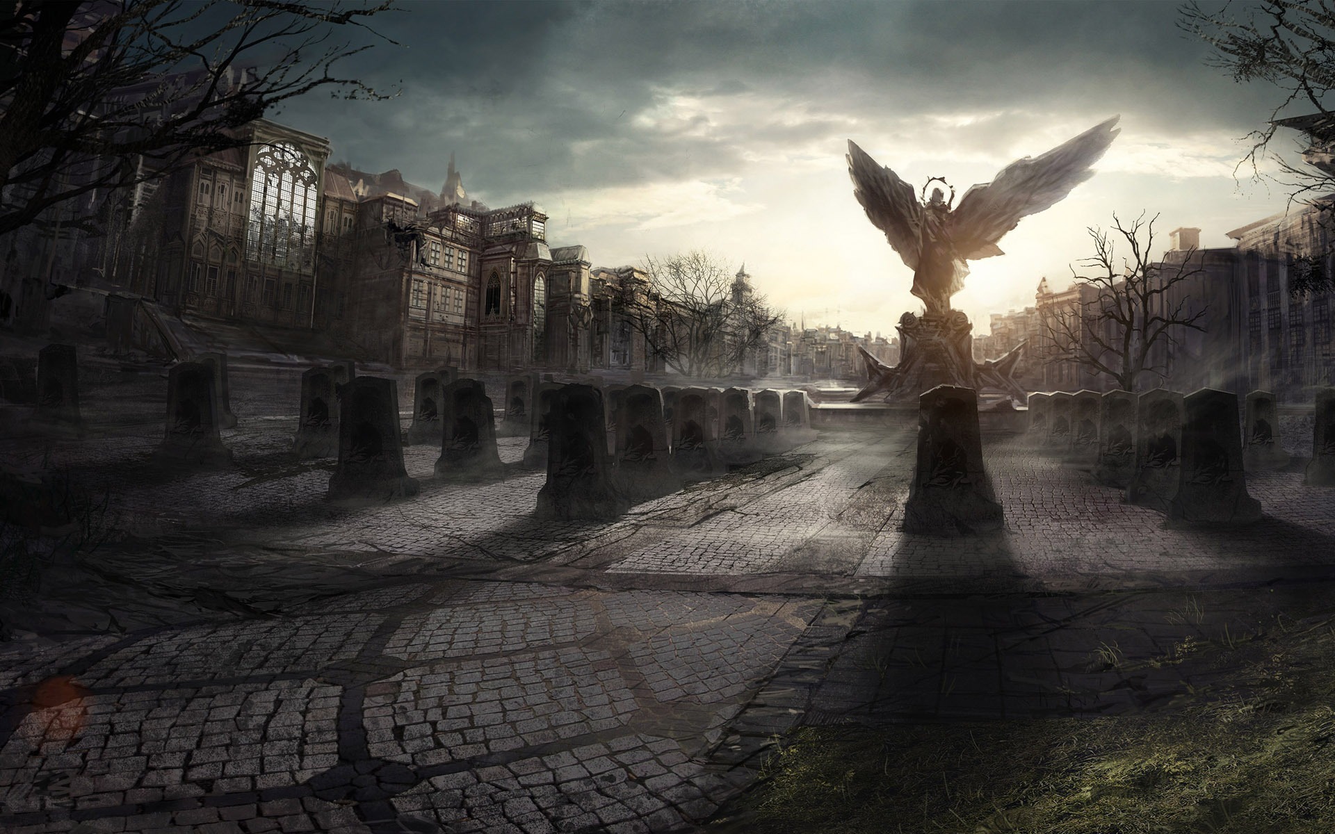 angel, statue, building, city, fantasy wallpaper