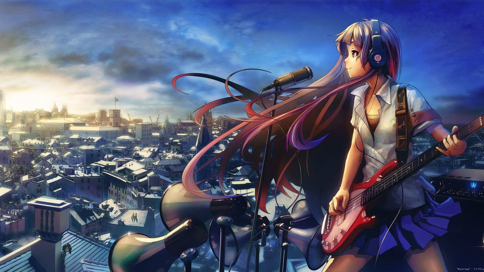 Anime girl singing on the roof wallpaper and image, picture, photo
