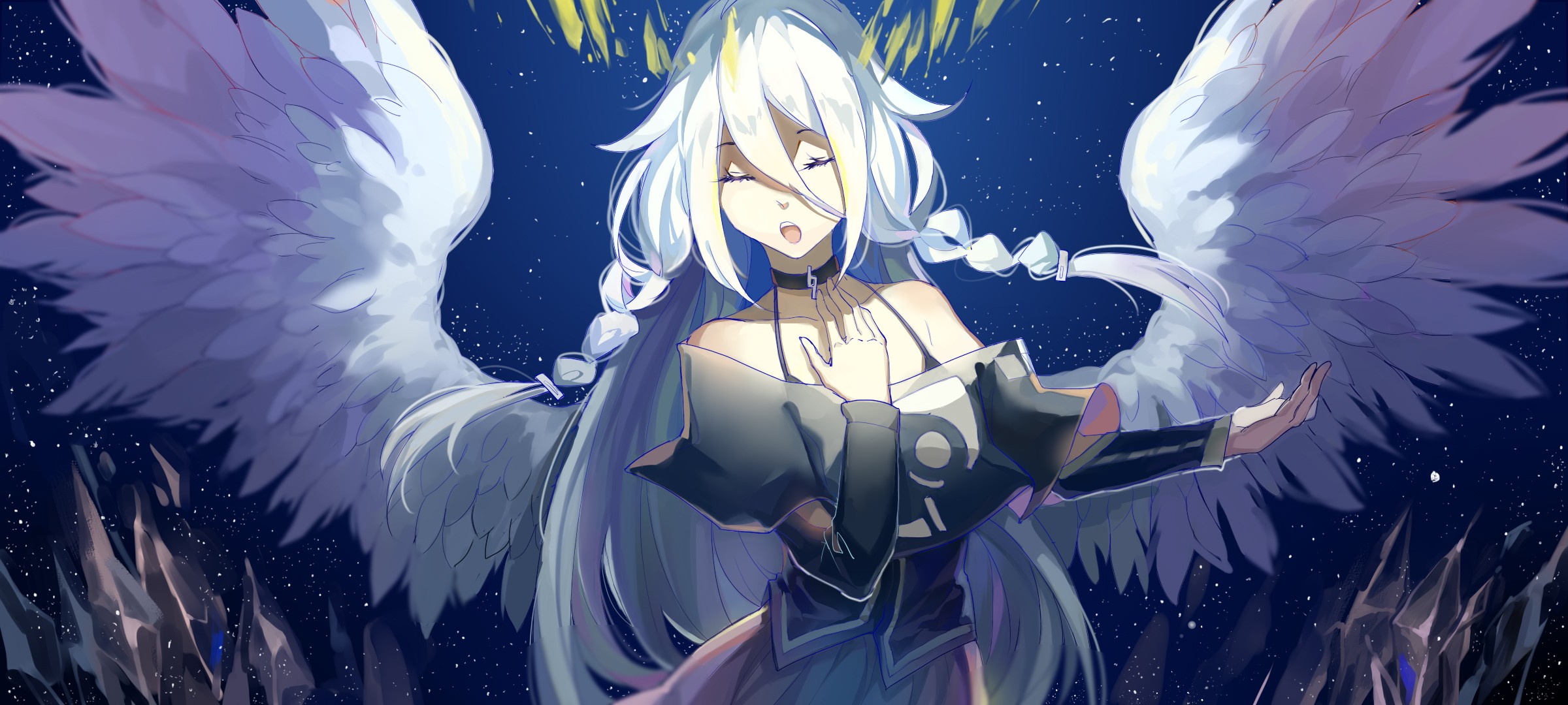 Wallpaper, anime girls, IA Vocaloid, feathers, wings, singer, singing, blue background, white hair, night, open mouth 2400x1080