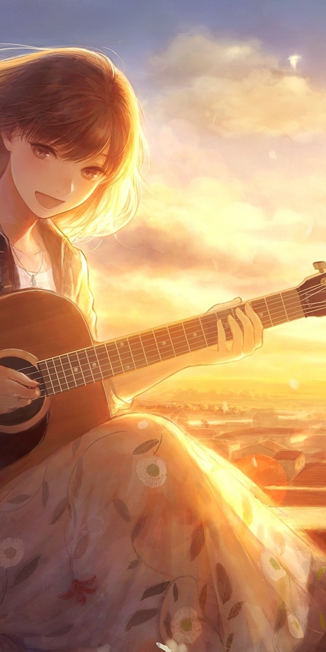 Download 1080x2160 Anime Girl, Singing, Sunlight, Guitar, Instrument, Flowers, Wind, Petals, Cat, Scenic Wallpaper for Huawei Mate 10