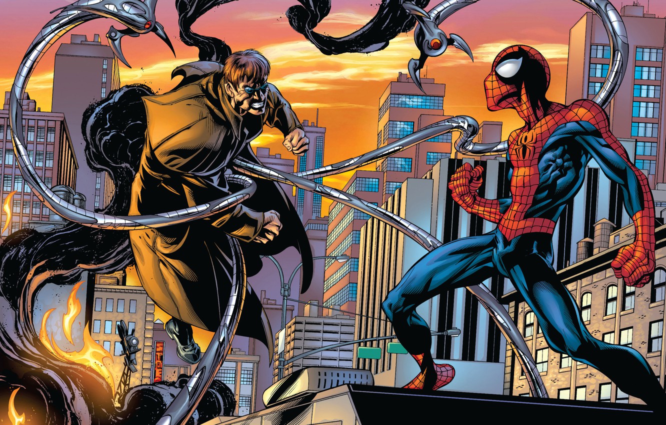 Wallpaper Roof, The City, Fire, Smoke, Home, New York, Skyscrapers, Comic, Marvel Comics, Spider Man, Peter Parker, Peter Parker, Doctor Octopus, Spider Man, Marvel, Otto Octavius Image For Desktop, Section фантастика