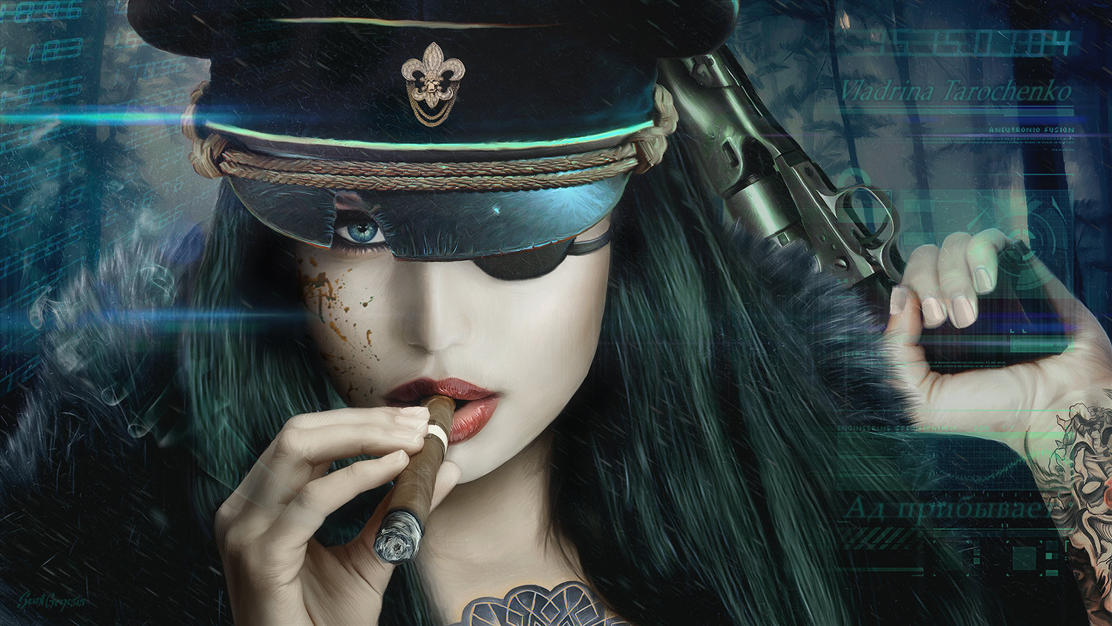 women, Police, Vincent Tanguay, Digital art, Tattoo, Weapon, Fantasy art, Fantasy girl Wallpaper HD / Desktop and Mobile Background