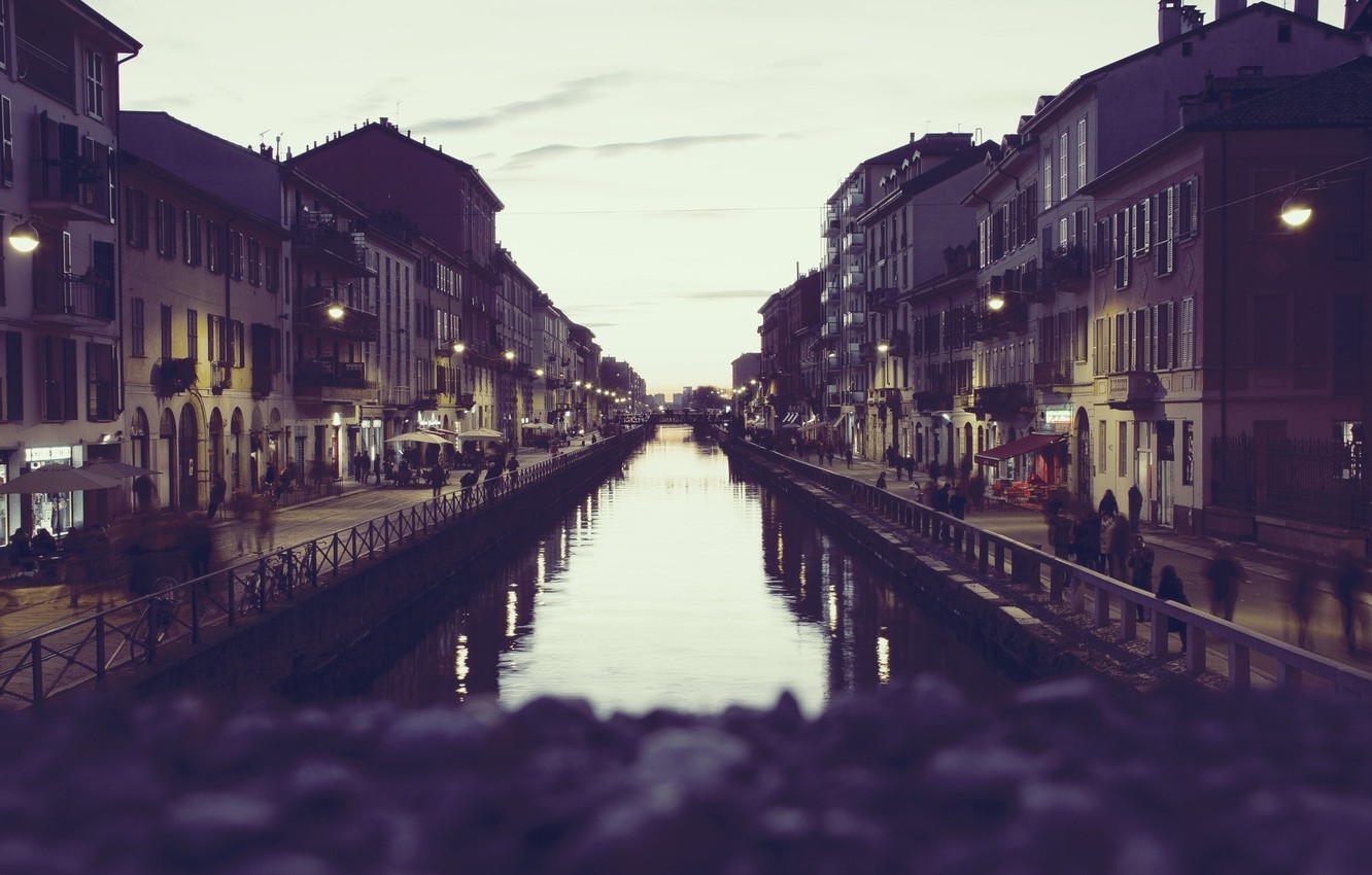 Wallpaper river, Italy, sunset, street, people, houses, Milan, Milano, canal, Navigli image for desktop, section город