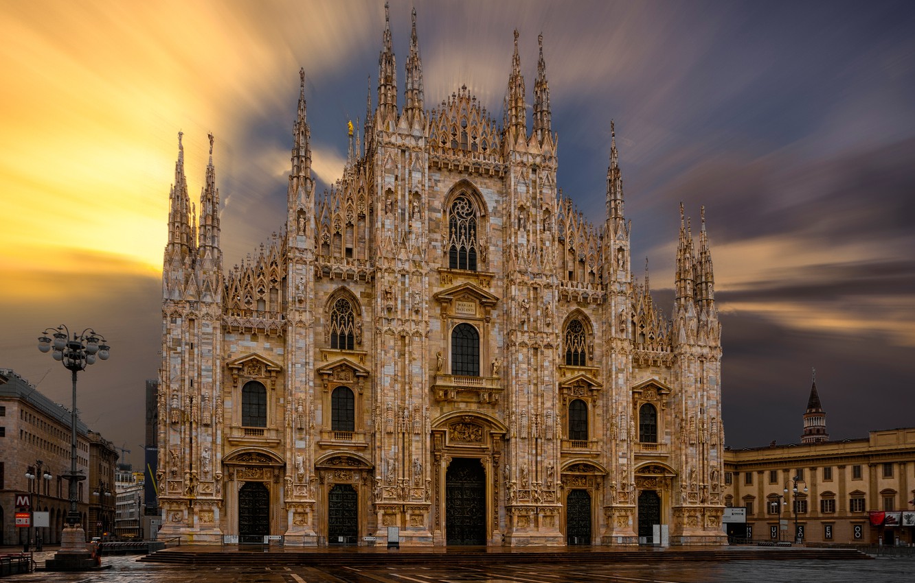 Wallpaper the sky, the sun, dawn, home, area, Italy, Cathedral, temple, Milan Cathedral image for desktop, section город