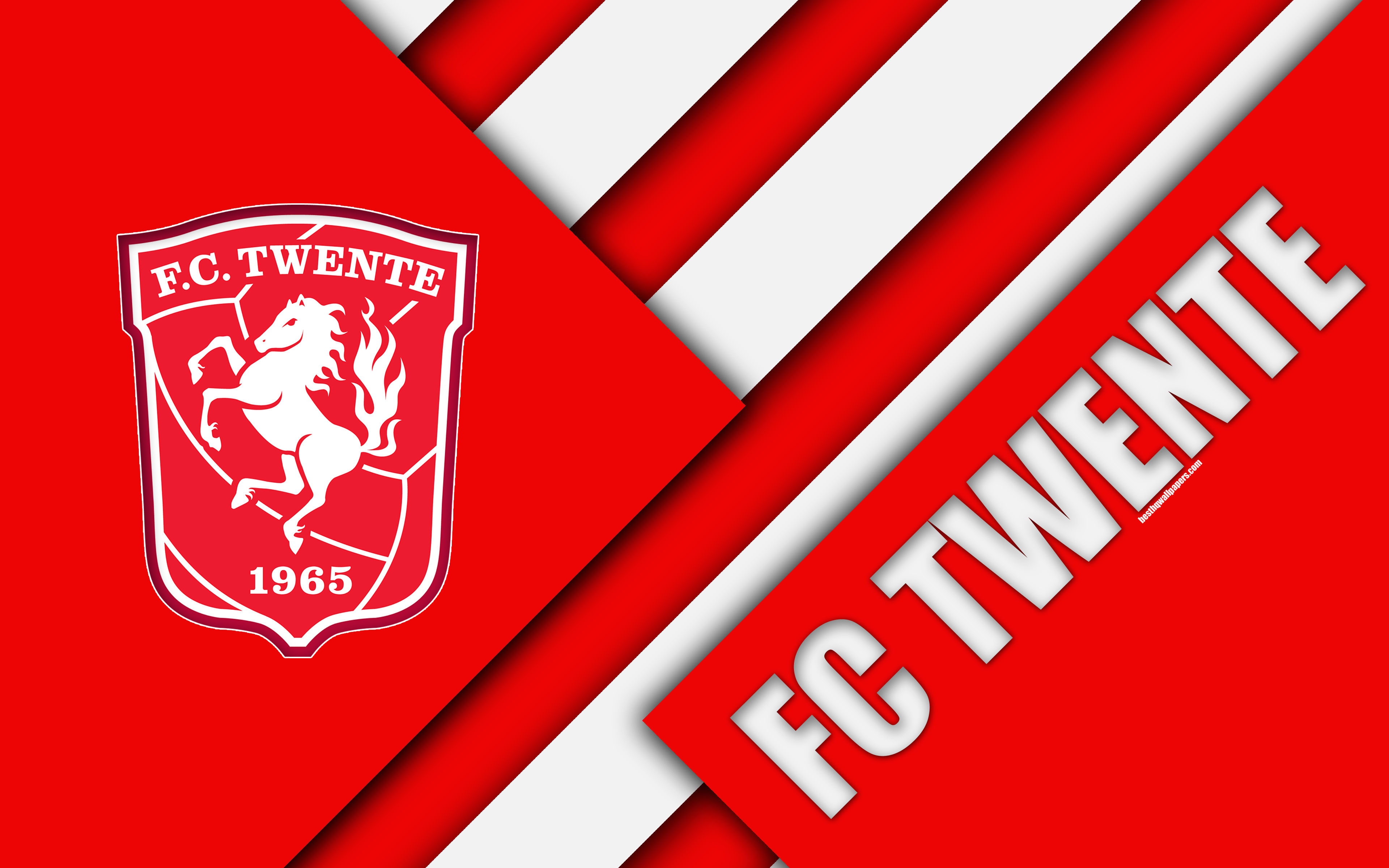 Download wallpaper FC Twente, emblem, 4k, material design, Dutch football club, red white abstraction, Eredivisie, Enschede, Netherlands, football for desktop with resolution 3840x2400. High Quality HD picture wallpaper