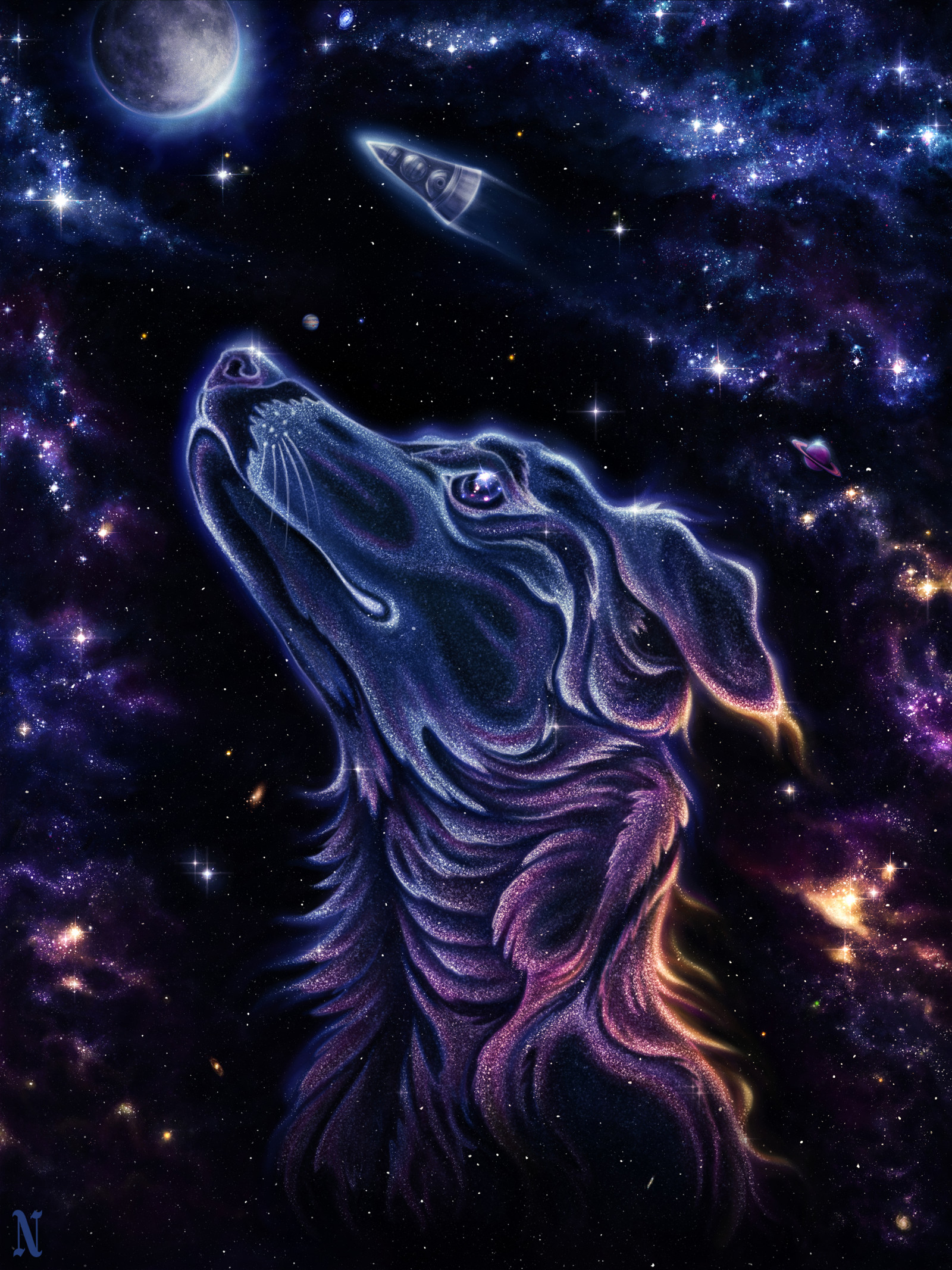 Wallpaper, Laika, dog, animals, space art, universe, sputnik, space travel, space shuttle, portrait, illustration 2625x3500