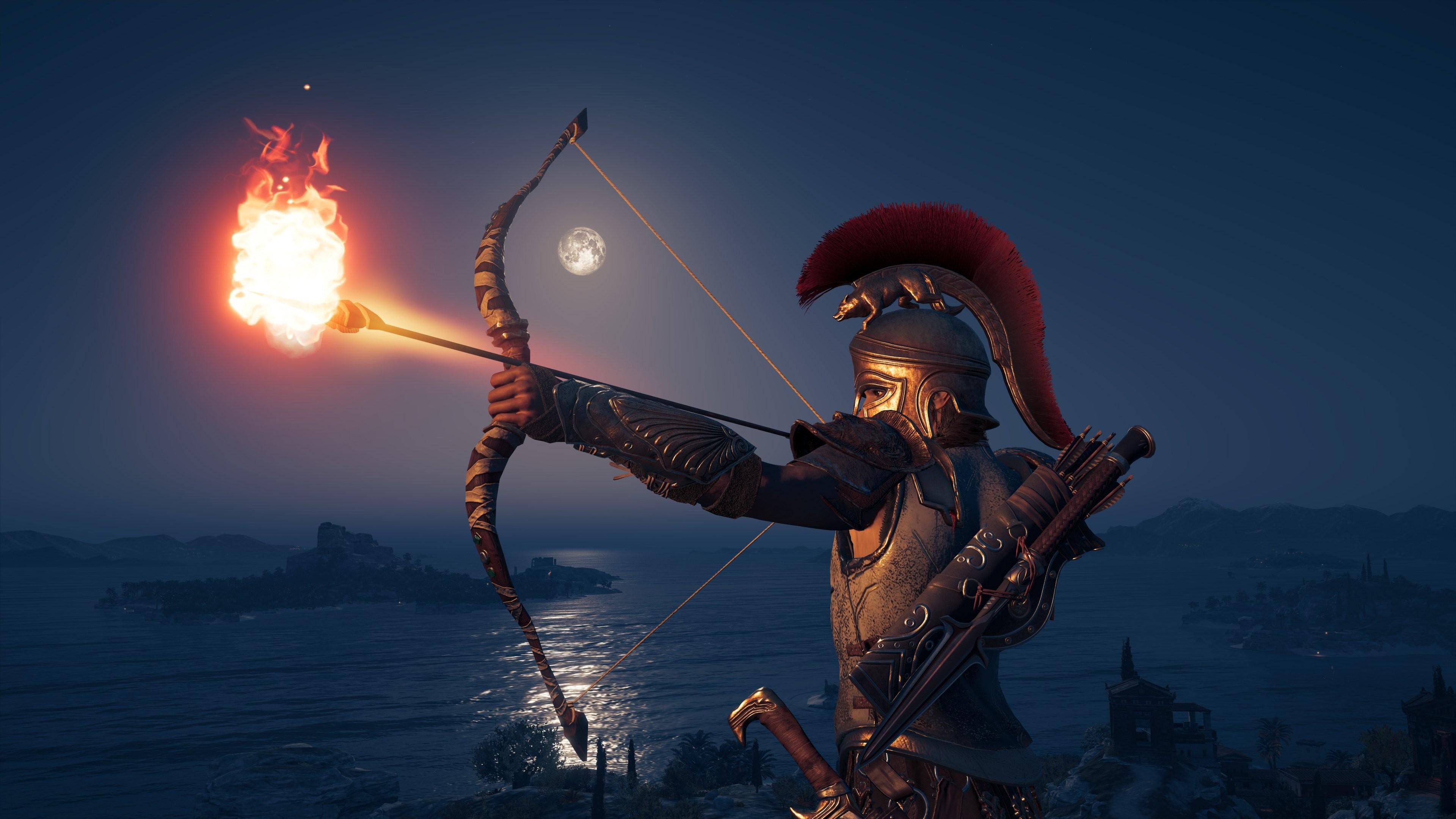 A Warrior With Bow And Fire Arrow In Background Of Sea Blue Sky And Moon 4K HD Target Wallpaper