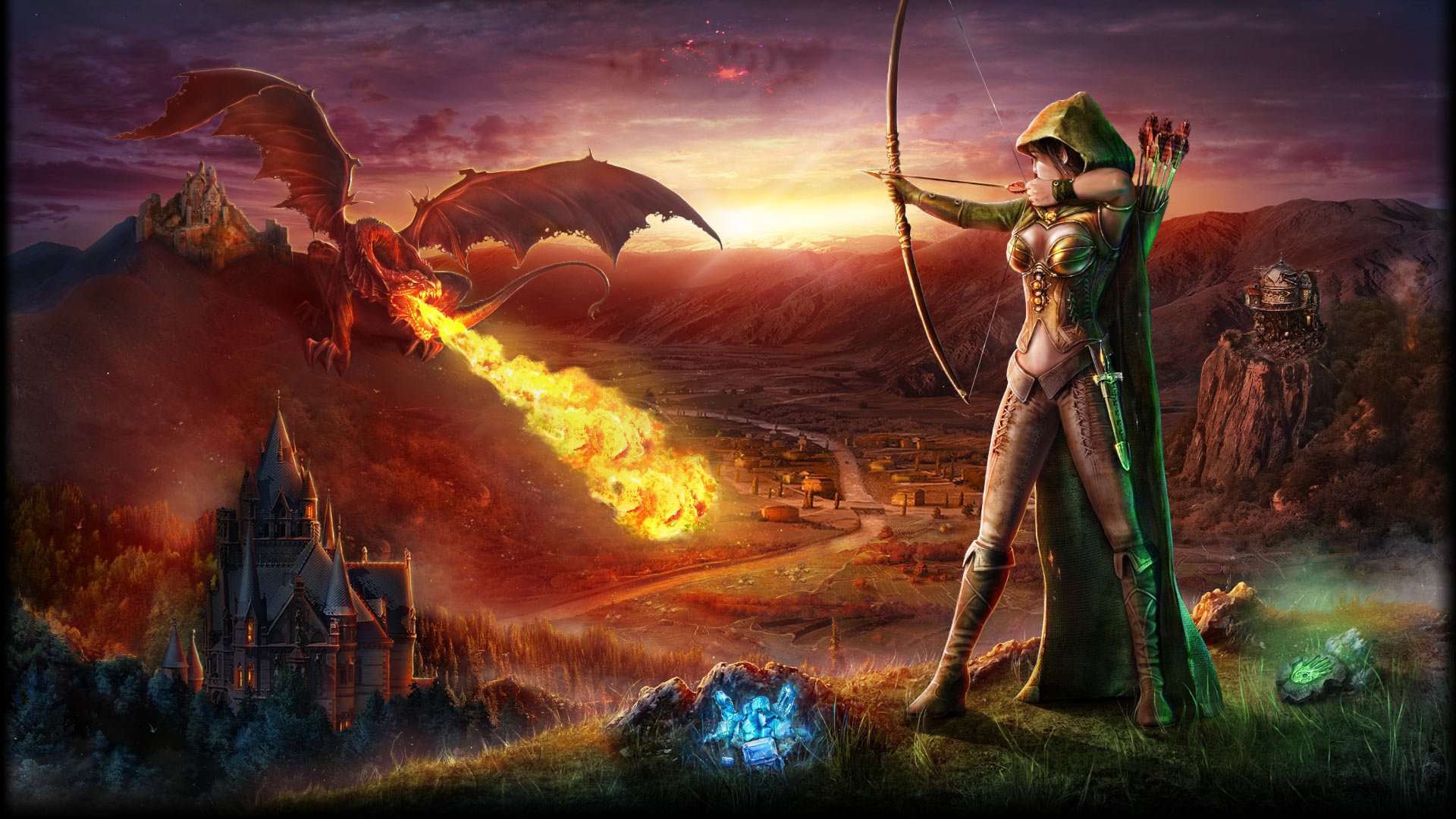 bow, Archer, Dragon, Castle, Mountain, Arrows, Fire Wallpaper HD / Desktop and Mobile Background