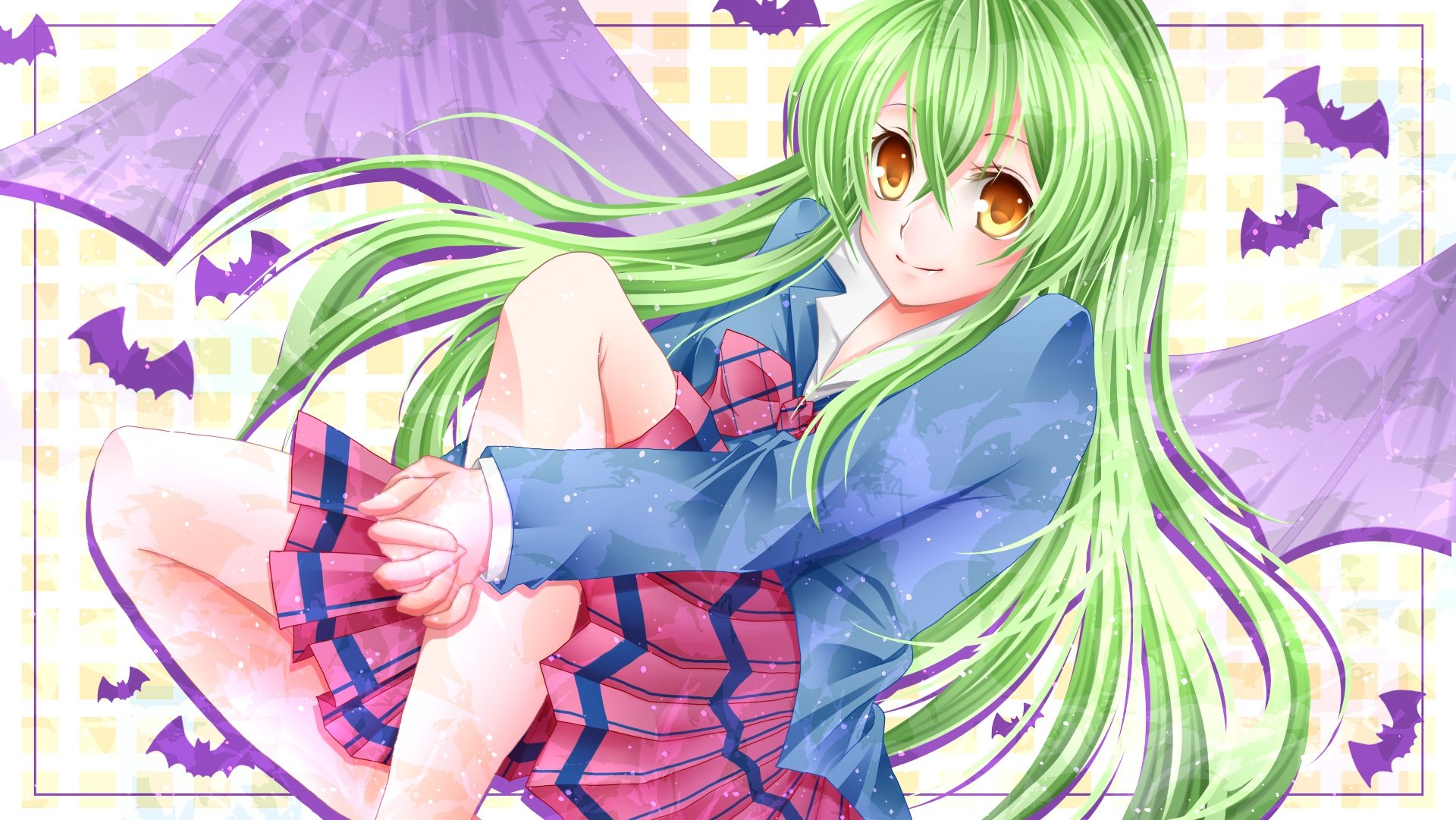Aliasing green hair jitsu wa watashi wa long hair mizuki orange eyes shiragami youko vampire wings wallpaperx1081
