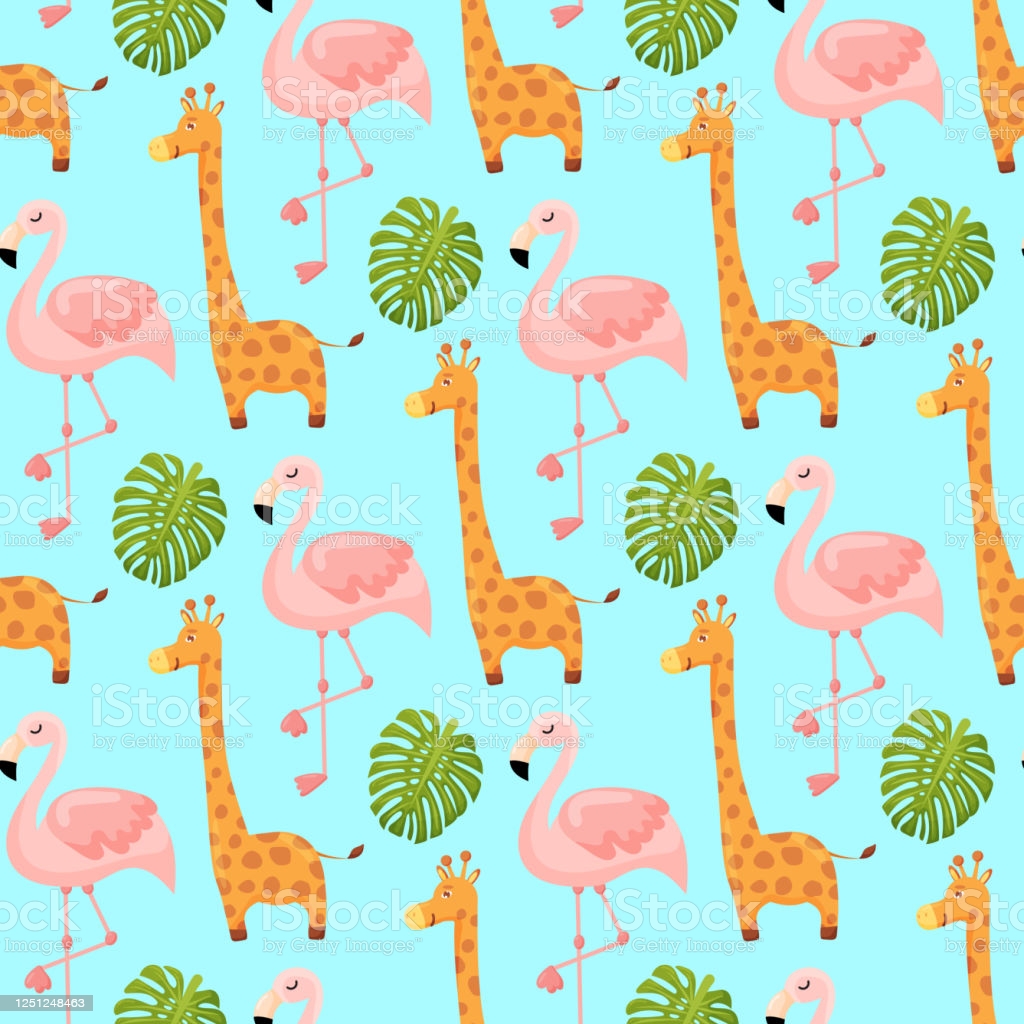 Flamingo And Giraffe Cute Seamless Pattern Animal Summer Wallpaper Background Cartoon Vector Illustration Stock Illustration Image Now