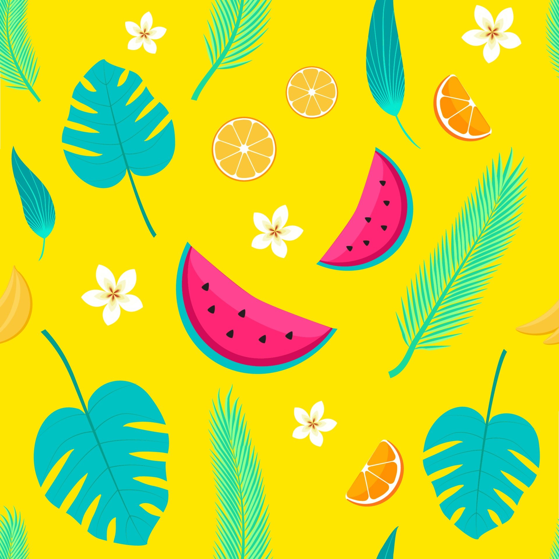 Tropical Fruits and palm Leafes Seamless Pattern, Summer Backgroundin Vector. Illustration of Watermelon, Oranges, Bannanas, Flowers and Leaves. Perfect for wallpaper, web page background, surface textures, textile