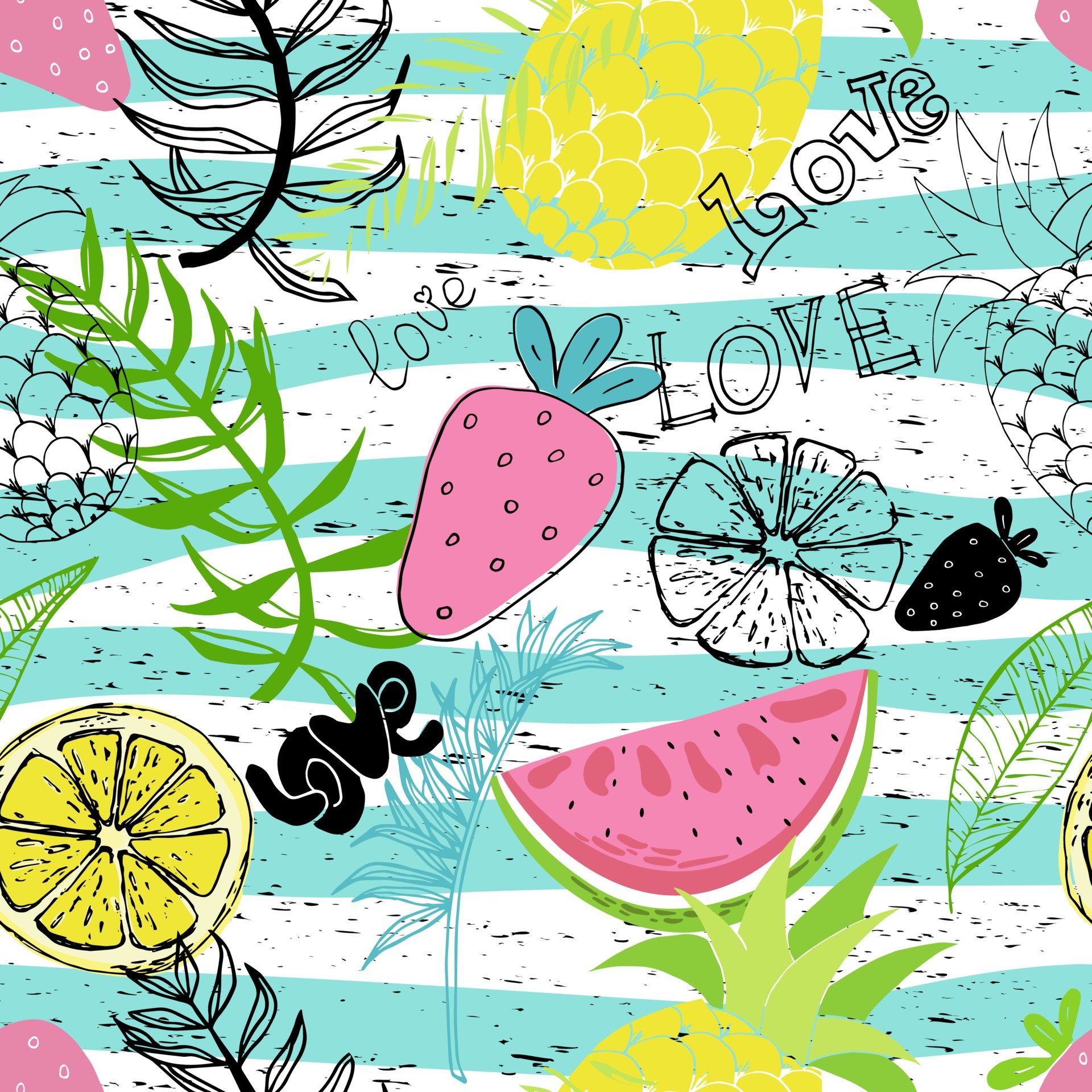 Exotic tropics funny wallpaper. Seamless pattern with leaves, pineapples, strawberries and lemons on colorful background
