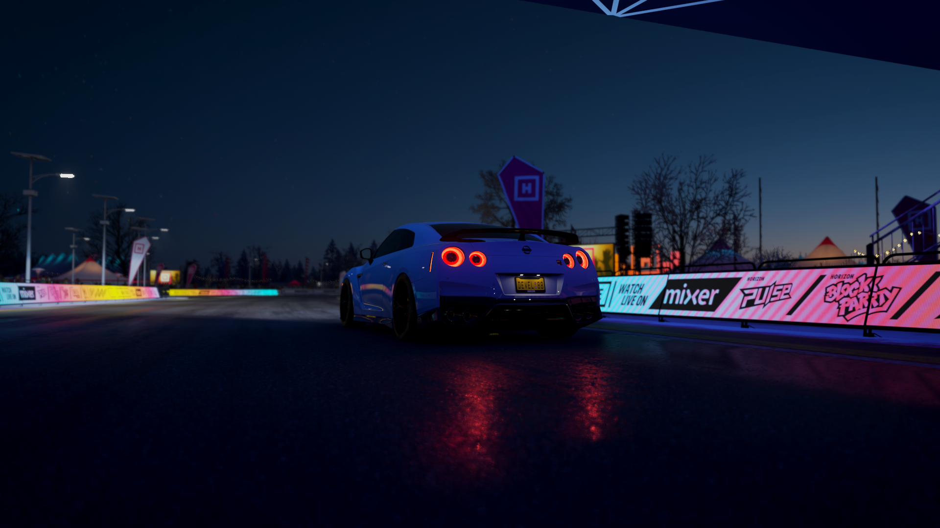 Wallpaper, Forza Horizon 4, Nissan GTR, Nissan Skyline GT R R35, video games, screen shot, dark, blue cars 1920x1080