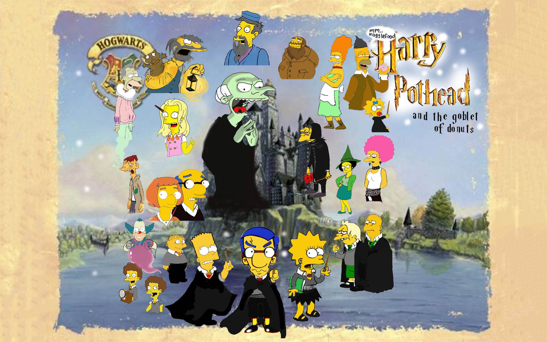 homer, Simpson, Harry, Potter, The, Simpsons, Bart, Simpson, Lisa, Simpson, Mr, , Burns, Marge, Simpson, Ralph, Wiggum, Krusty, The, Clown, Maggie, Simpson, Crossovers, Seymour, Skinner, Edna, Krabappel, Rod, An Wallpaper HD
