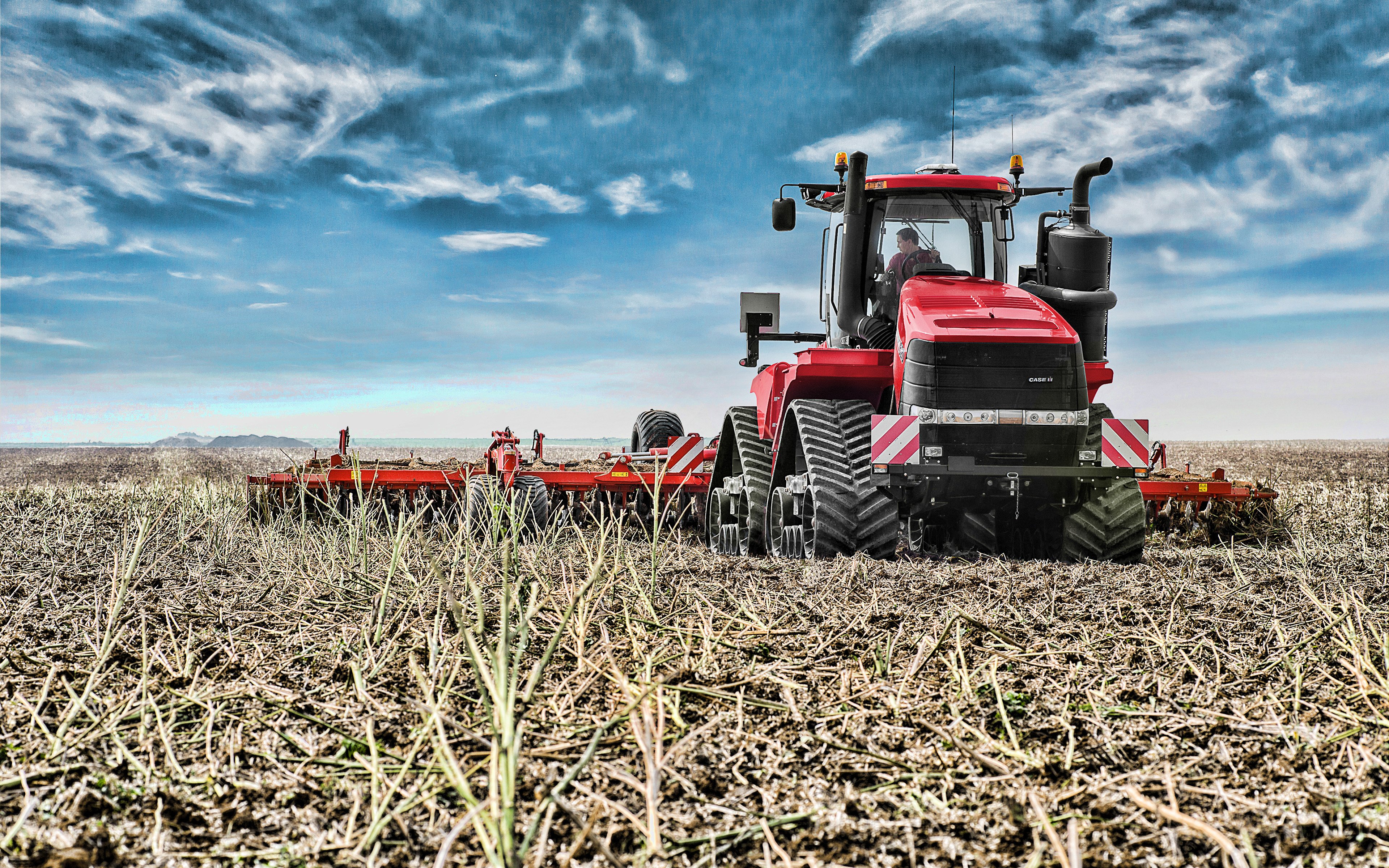 Download wallpaper Case IH Quadtrac 4k, plowing field, 2019 tractors, crawler, agricultural machinery, HDR, agriculture, harvest, tractor in the field, Case for desktop with resolution 3840x2400. High Quality HD picture wallpaper