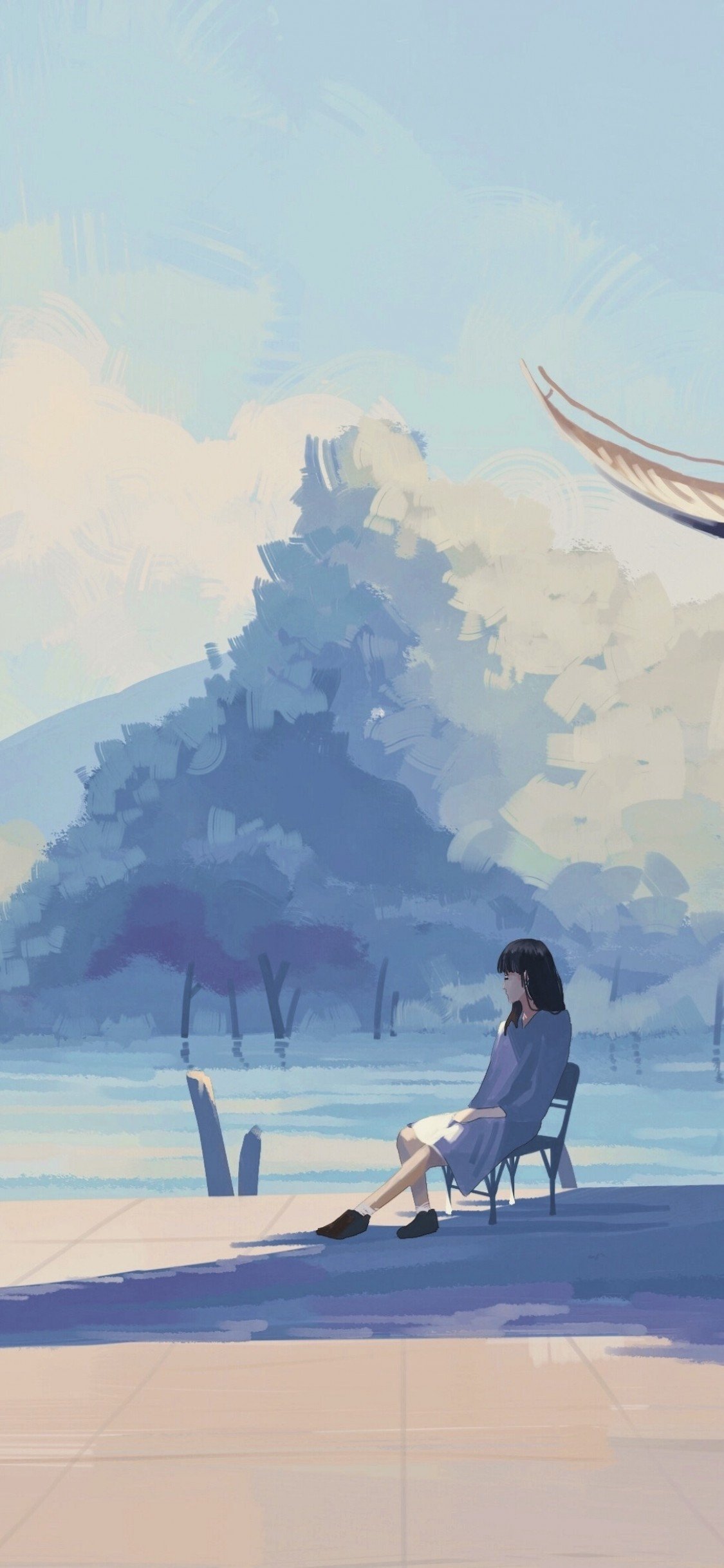Download 1125x2436 Lonely Anime Girl, Lake, Pastel Colors, Shadow Wallpaper for iPhone 11 Pro & X