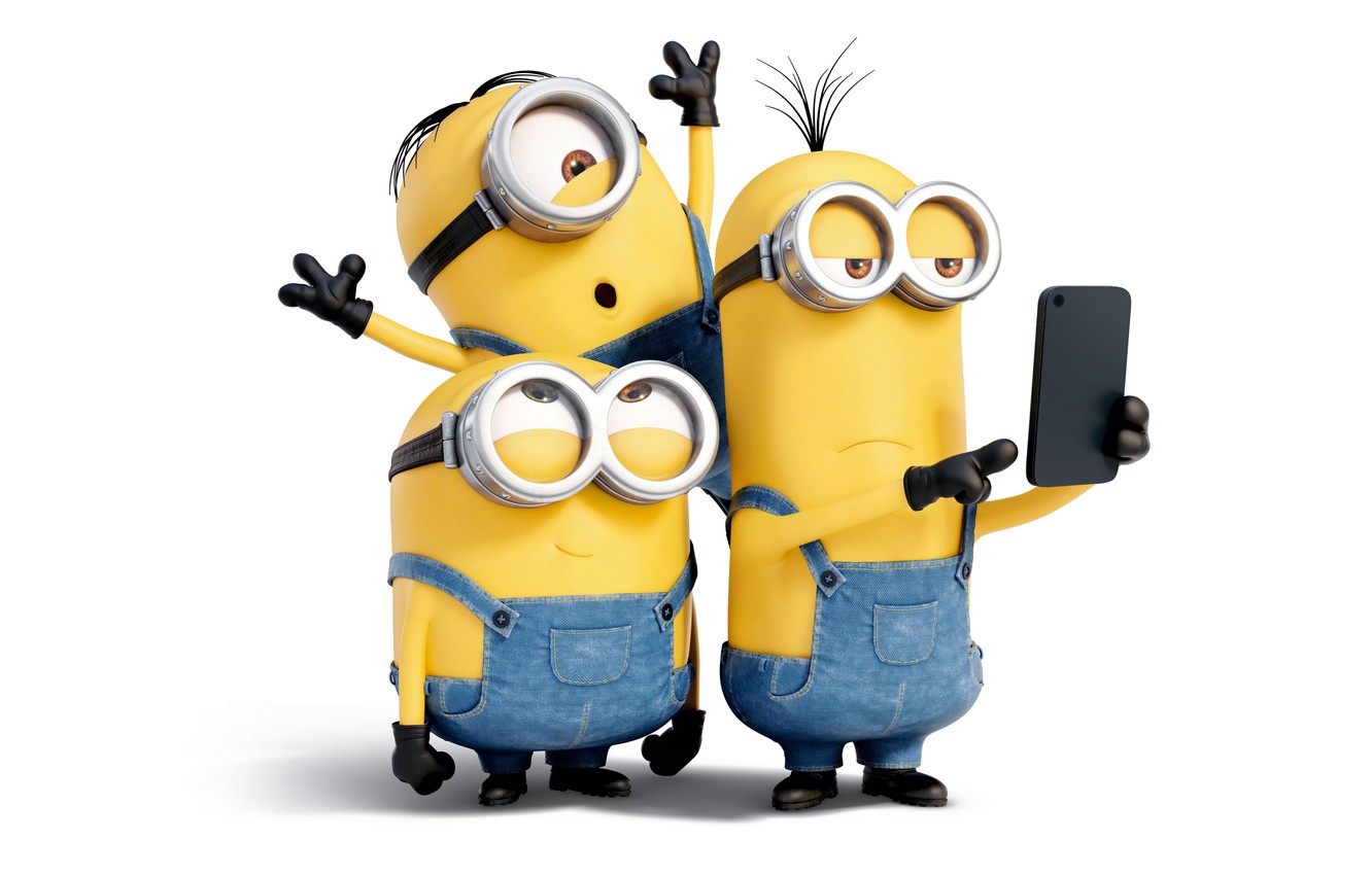 Wallpaper cartoon, yellow, glasses, white background, gloves, jumpsuit, three, Minions, Minions image for desktop, section фильмы