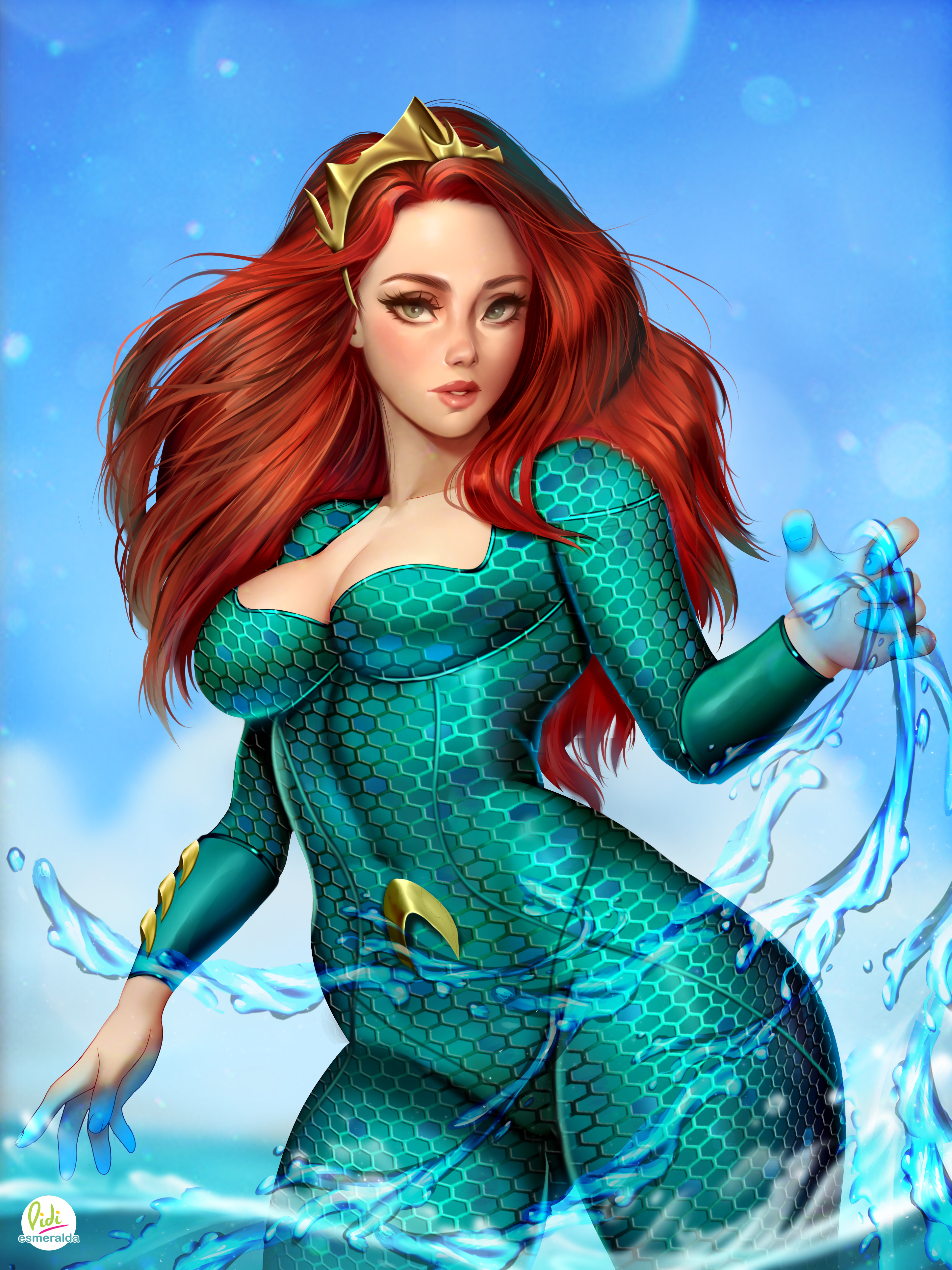 Wallpaper, Mera, Aquaman, comics, DC Comics, superheroines, fantasy girl, red heels, long hair, looking at viewer, portrait display, cleavage, tight clothing, in water, sea, sky, artwork, drawing, illustration, digital art, fan