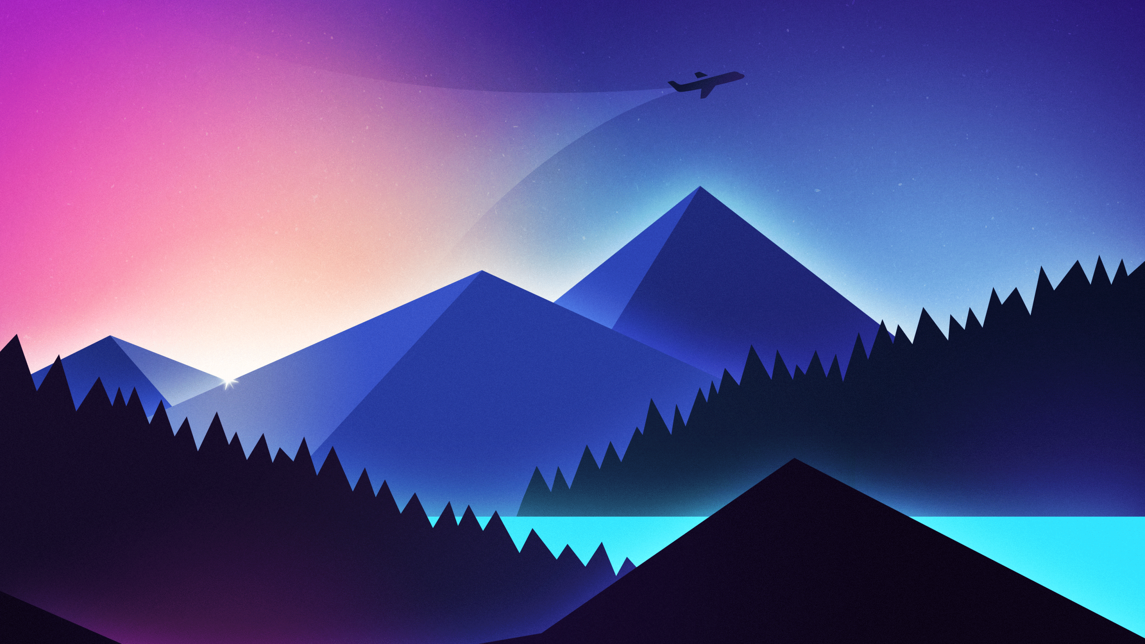 Mountains Wallpaper 4K, Illustration, Flight, Night, Sunset, Nature