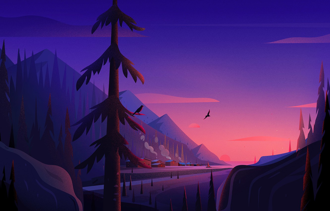 Wallpaper forest, sunset, mountains, village, pine, illustration, Febin Raj image for desktop, section пейзажи