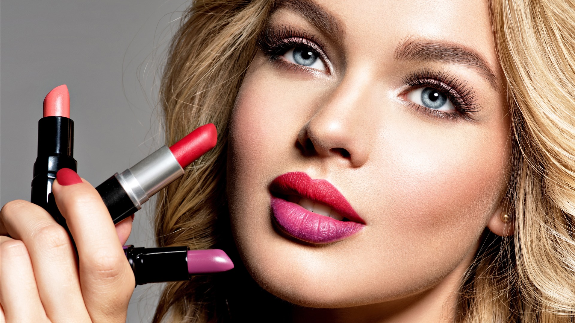 Wallpaper Beautiful blonde girl, face, red lip, lipstick 5120x2880 UHD 5K Picture, Image