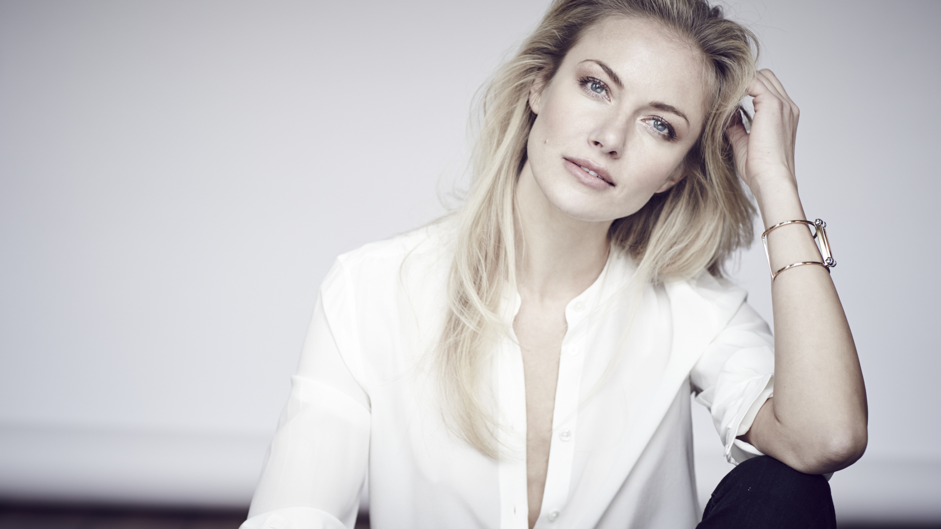Beautiful Blue Eyed Girl Blonde In A White Shirt Desktop Wallpaper 1920x1080