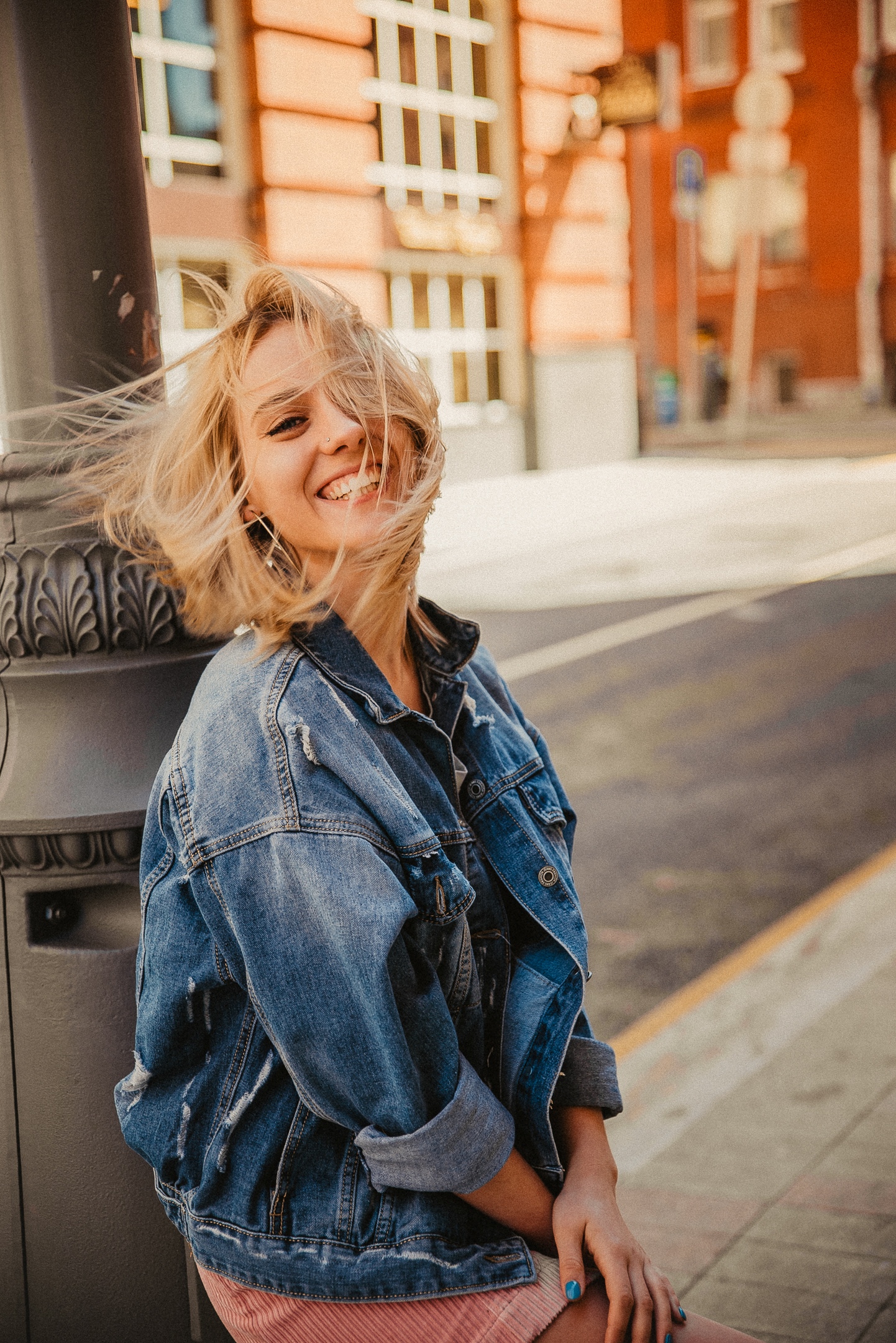 Wallpaper, Tatyana Khachatryan, model, blonde, portrait display, denim, jeans jacket, miniskirt, looking at viewer, smiling, depth of field, hair in face, street, urban, women outdoors 1442x2160