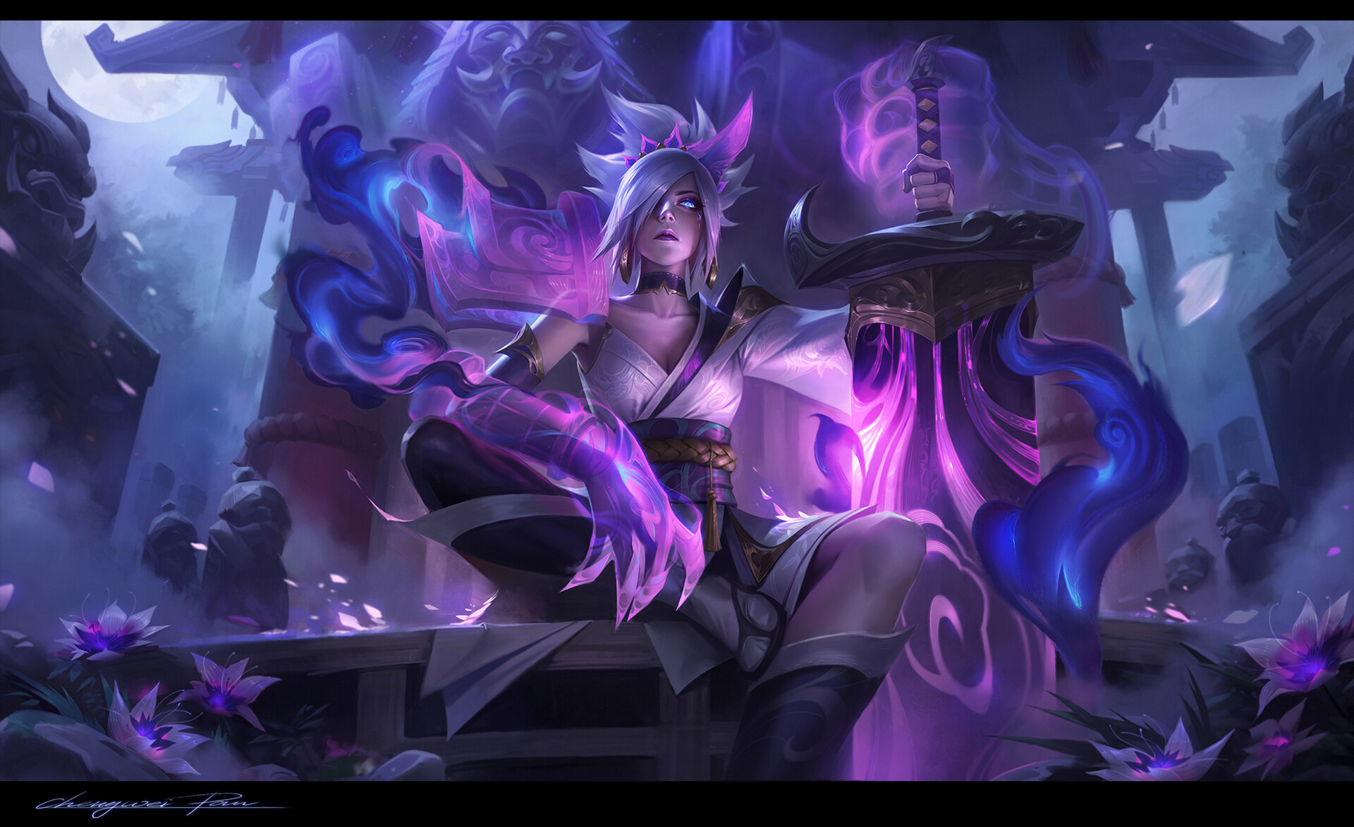 Wallpaper, Chengwei Pan, drawing, League of Legends, Riven League of Legends, women, purple, glowing, claws, weapon, sword, warrior, spirit blossom 1920x1174