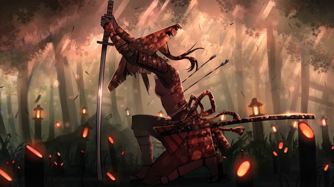 Download 1366x768 Anime Samurai Girl, Katana, Forest, Bamboo, Torii, Warrior, Gloves, Armor, Ponytail Wallpaper for Laptop, Notebook
