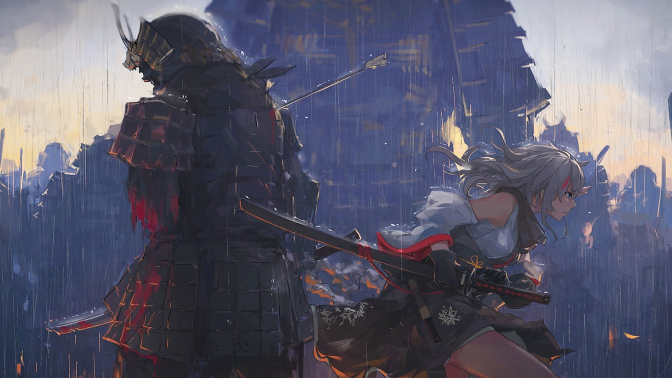 Download 1366x768 Anime Girl, Samurai, Battle, Sword, Raining, Artwork Wallpaper for Laptop, Notebook