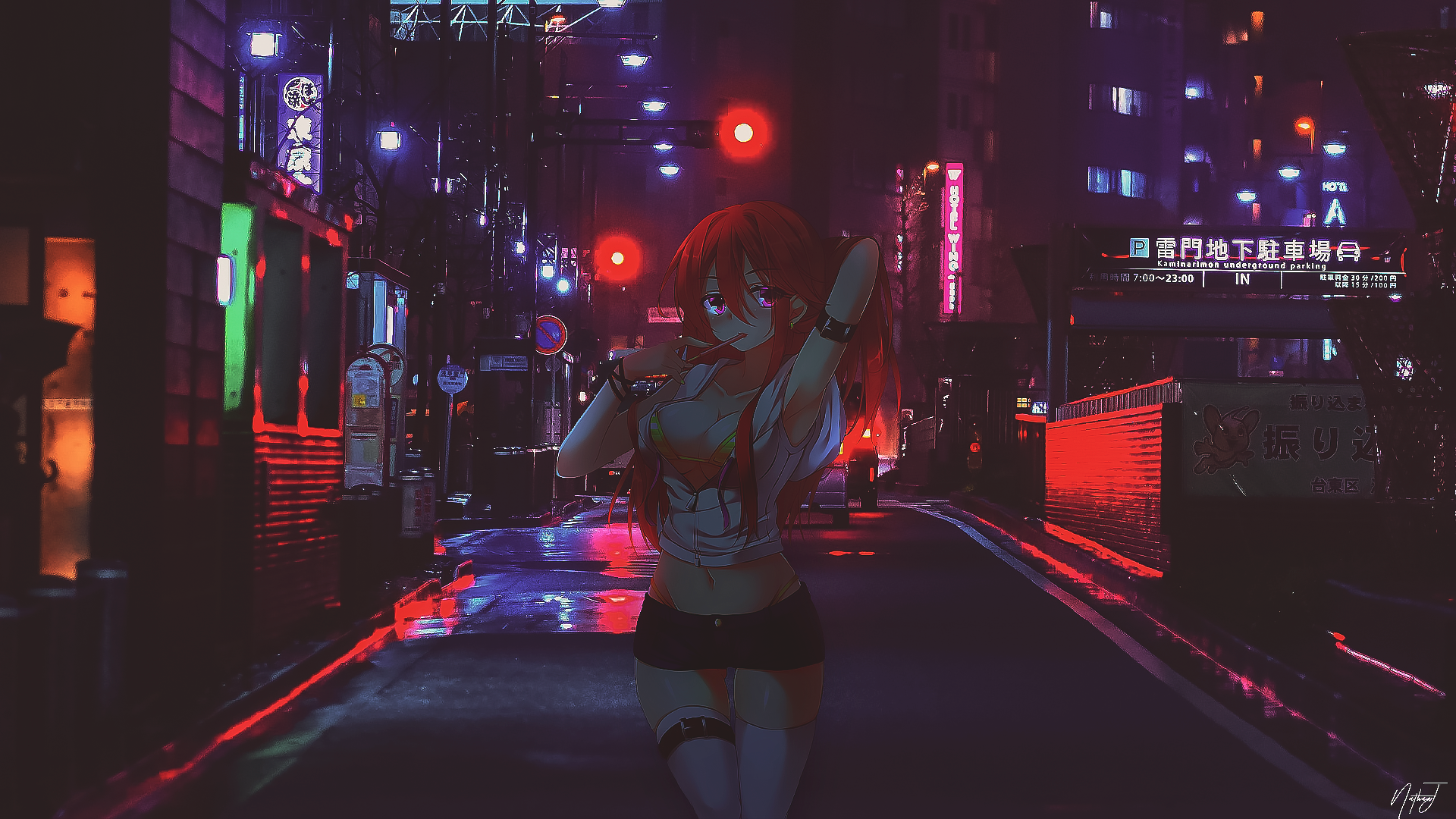 Wallpaper, anime girls, red, street japan, neon 1920x1080