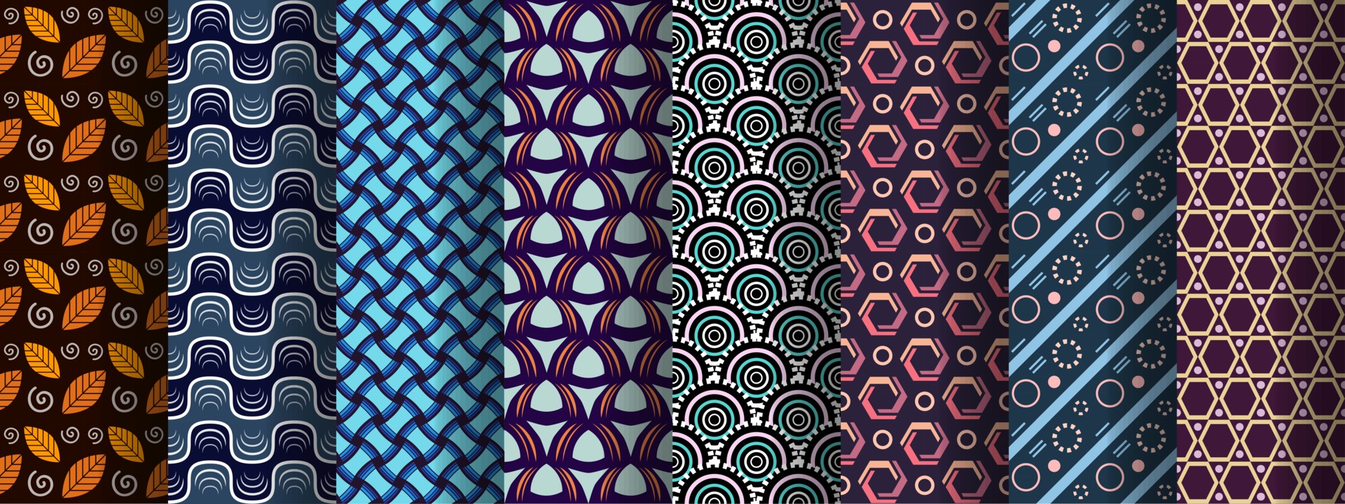 Vector colorful seamless pattern set, collection of repeating geometric element patterns, wallpaper, background collection, leaves, hexagonal, waves circles textile